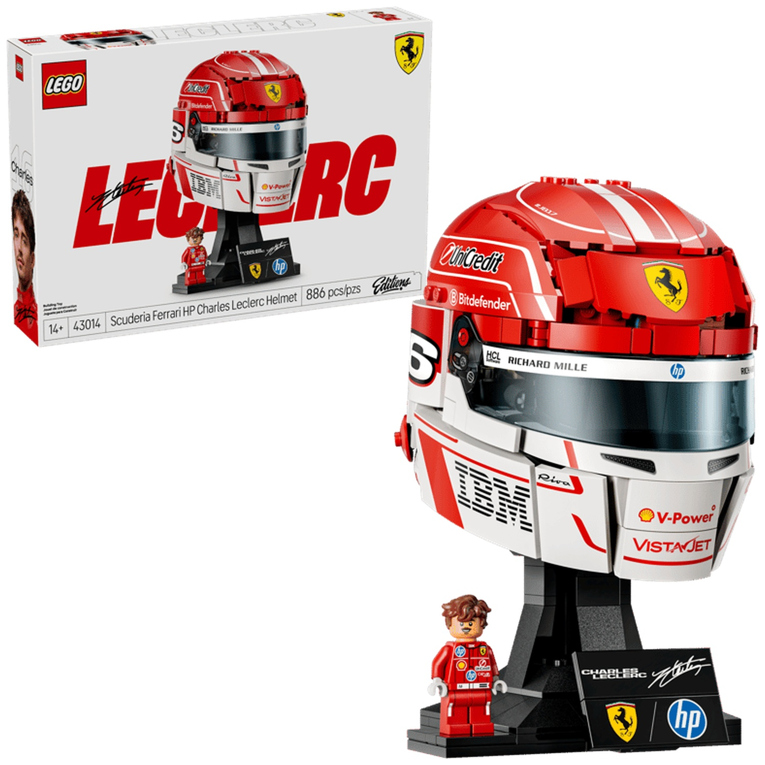 LEGO Charles Leclerc helmet set with figure and box. Red, white, black.