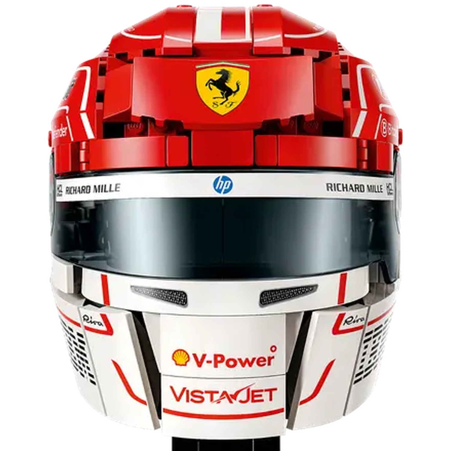 A red and white Lego racing helmet with Ferrari and Shell logos.