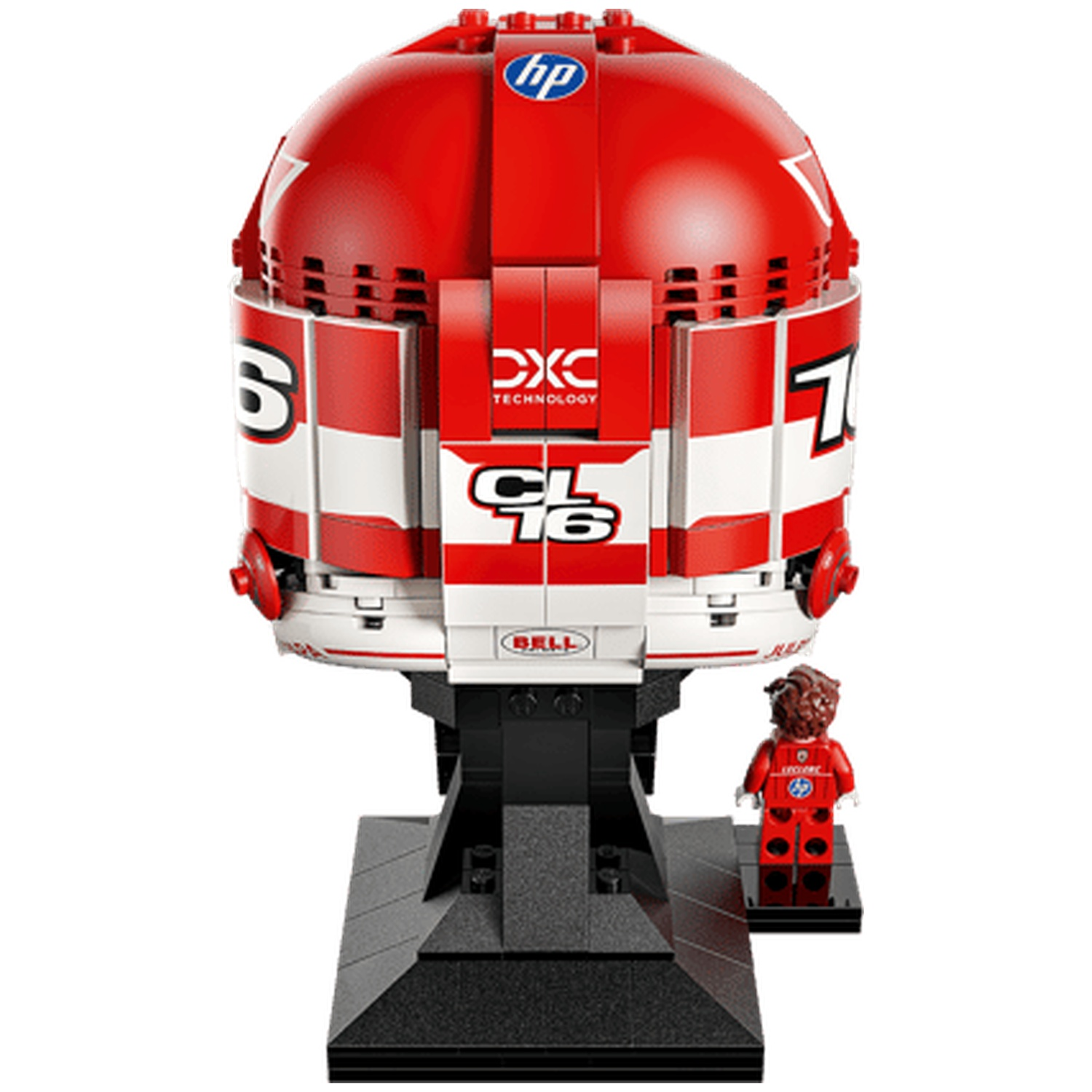A red Lego helmet with white stripes and numbers, next to a small figure.