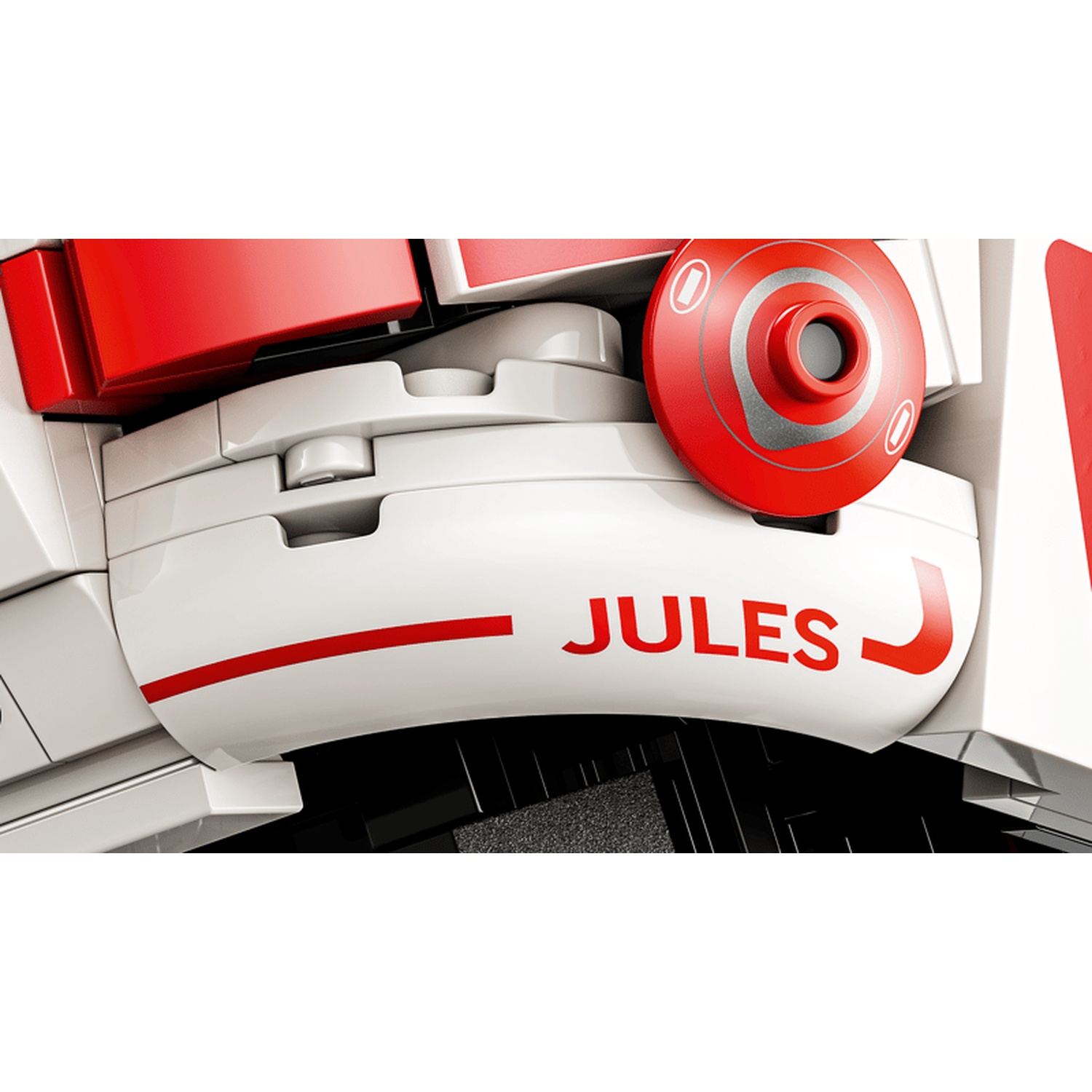 Close-up of a white and red construction with the word "JULES".