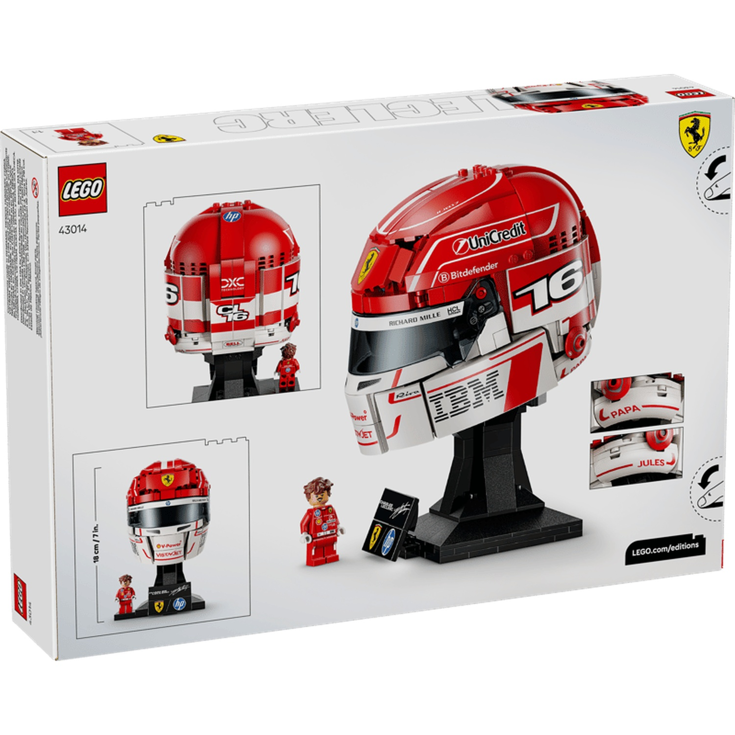 LEGO set featuring a red Ferrari helmet, minifigures, and stickers.