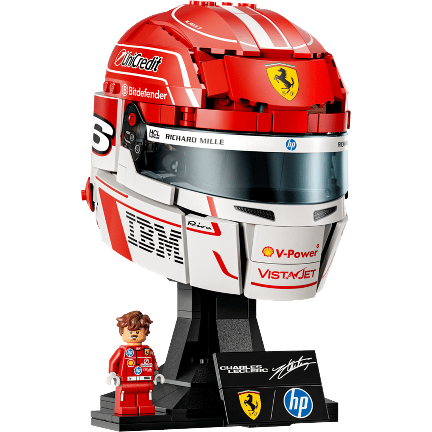 A Lego Formula 1 helmet of Charles Leclerc in red and white, with logos and a minifigure.