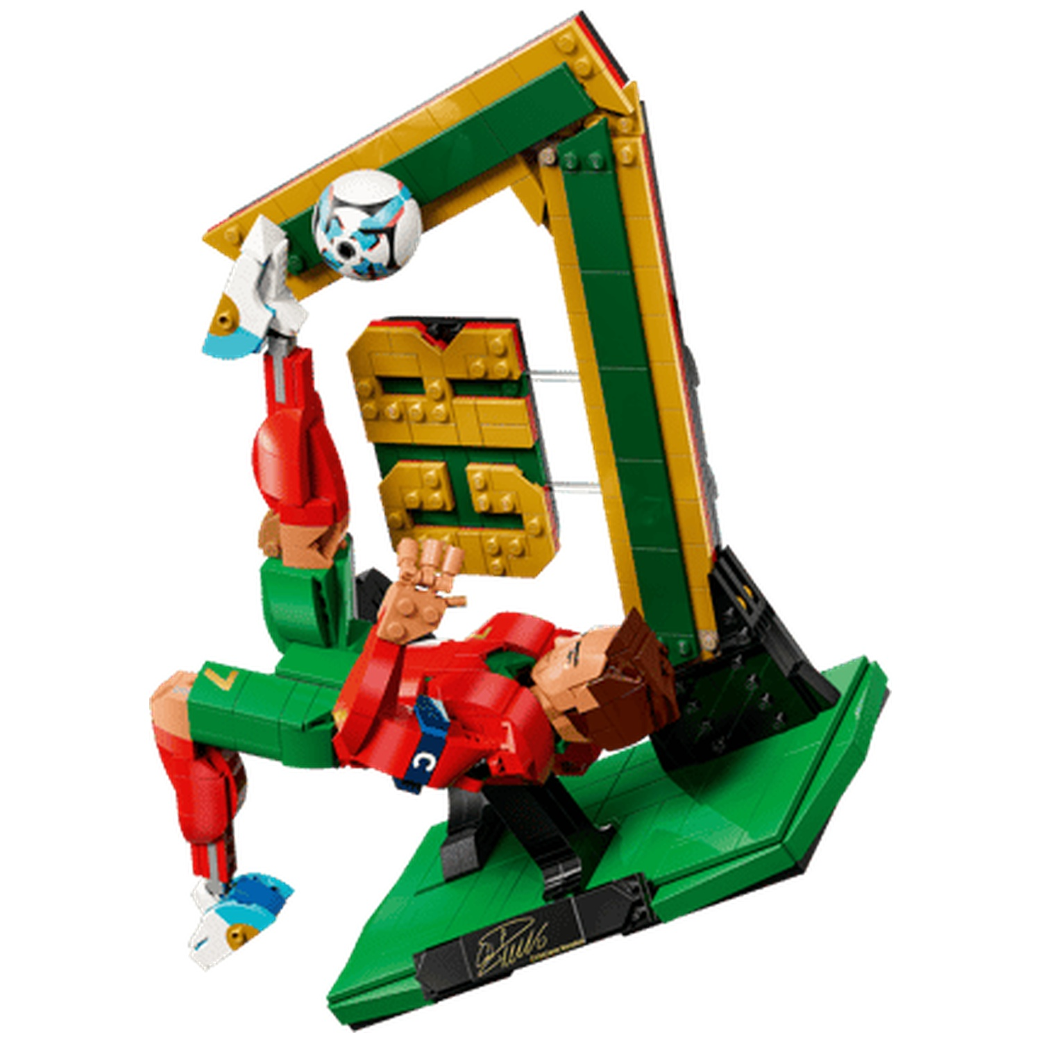 Joueur de football Lego effectuant un mouvement acrobatique avec un ballon.