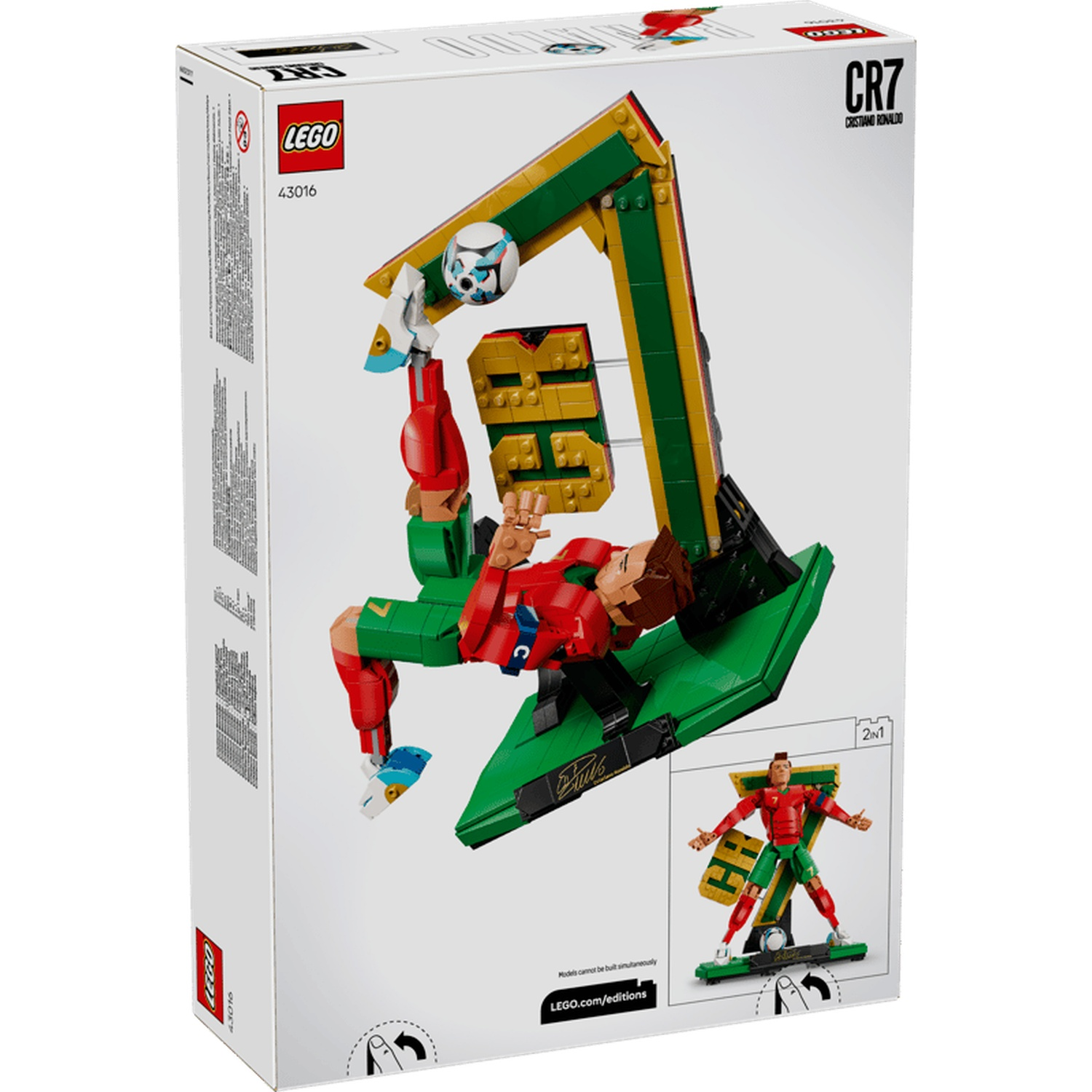Le set LEGO Cristiano Ronaldo présente une figurine en tenue avec un ballon et un trophée.
