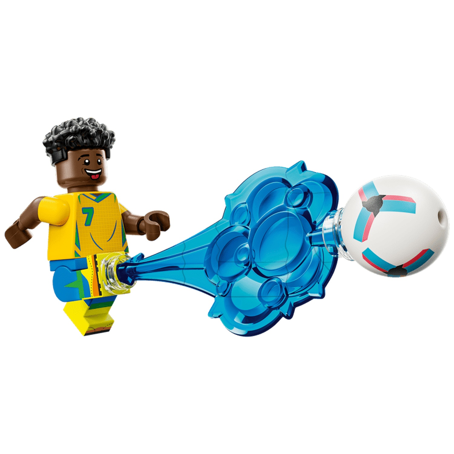 Un footballeur Lego en maillot jaune et bleu frappe un ballon avec de l'énergie bleue.