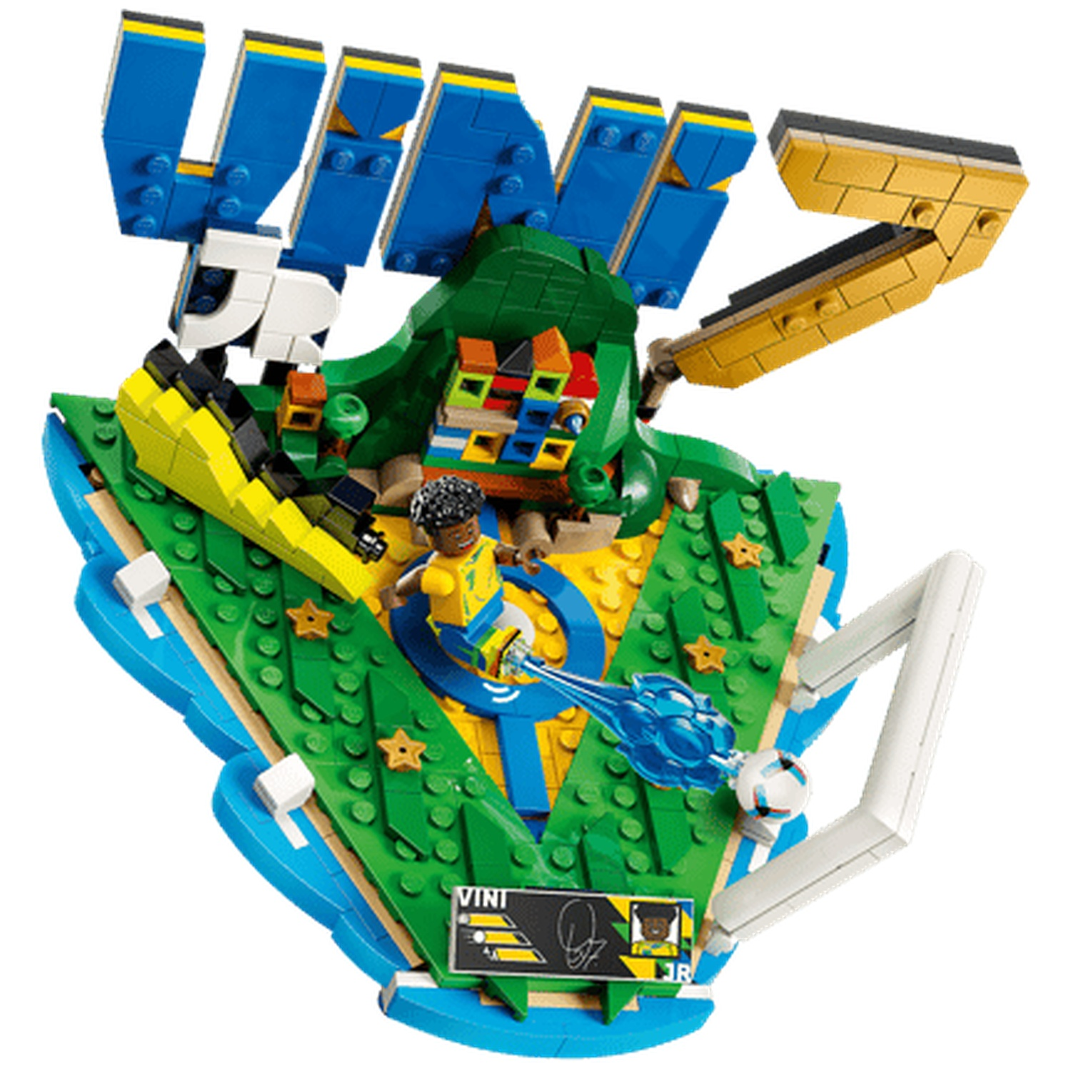 Modèle de joueur de football Lego avec texte bleu et jaune sur un terrain vert.