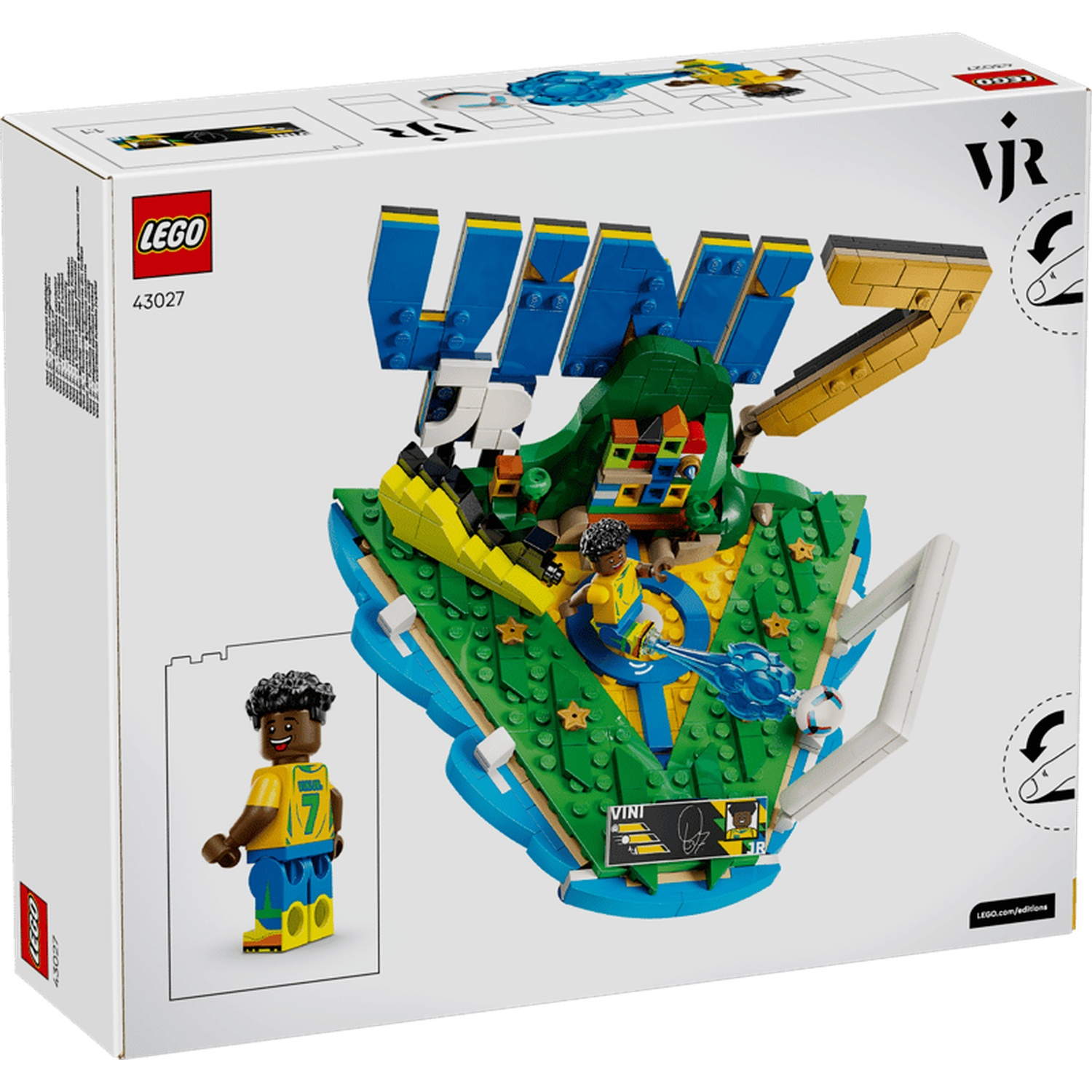 Boîte Lego sur le thème du football, montrant une figurine et une scène de jeu colorée.