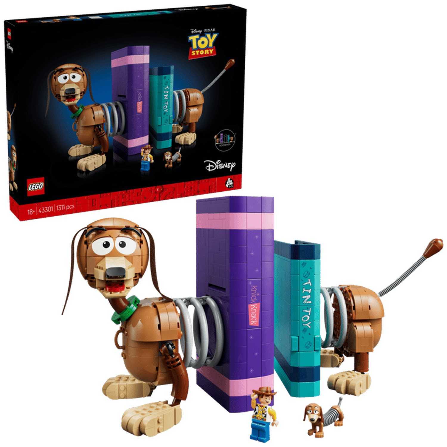 LEGO Slinky Dog Boekensteunen: Bruine hond met veren, paarse en turquoise boeken.