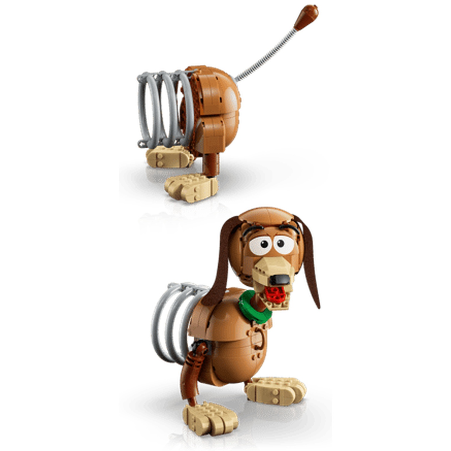 Een bruine Lego-hond met zilveren veren en een lange staart.
