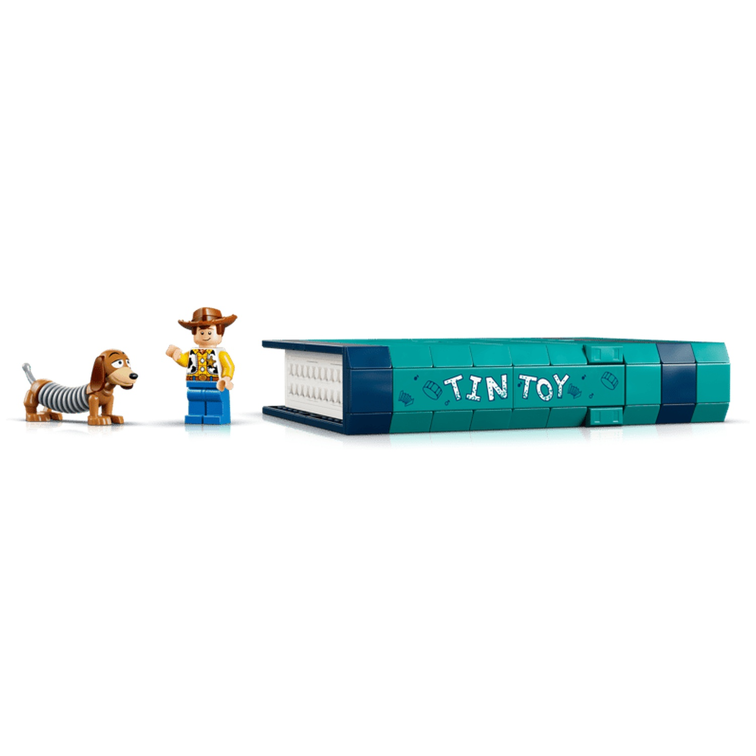 Lego Woody en Slinky met een blauw boek met "TIN TOY".