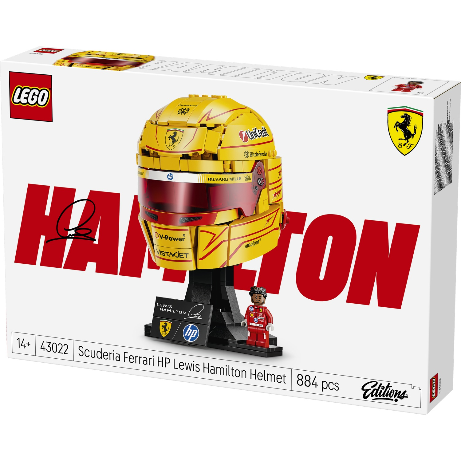 LEGO-verpakking met een gele Ferrari-helm en Lewis Hamilton-minifiguur.