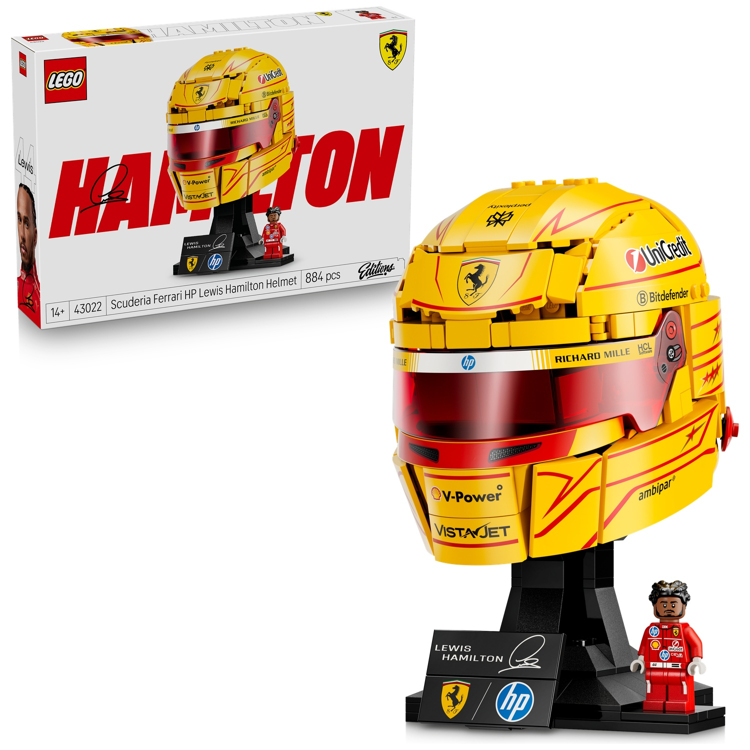 LEGO-model van Lewis Hamiltons gele Ferrari-helm met rood vizier en displaystandaard.