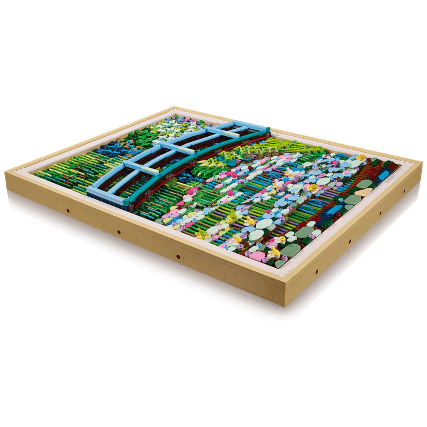 A colorful LEGO brick art piece depicting a garden with a blue bridge, set in a light brown frame, viewed from above.