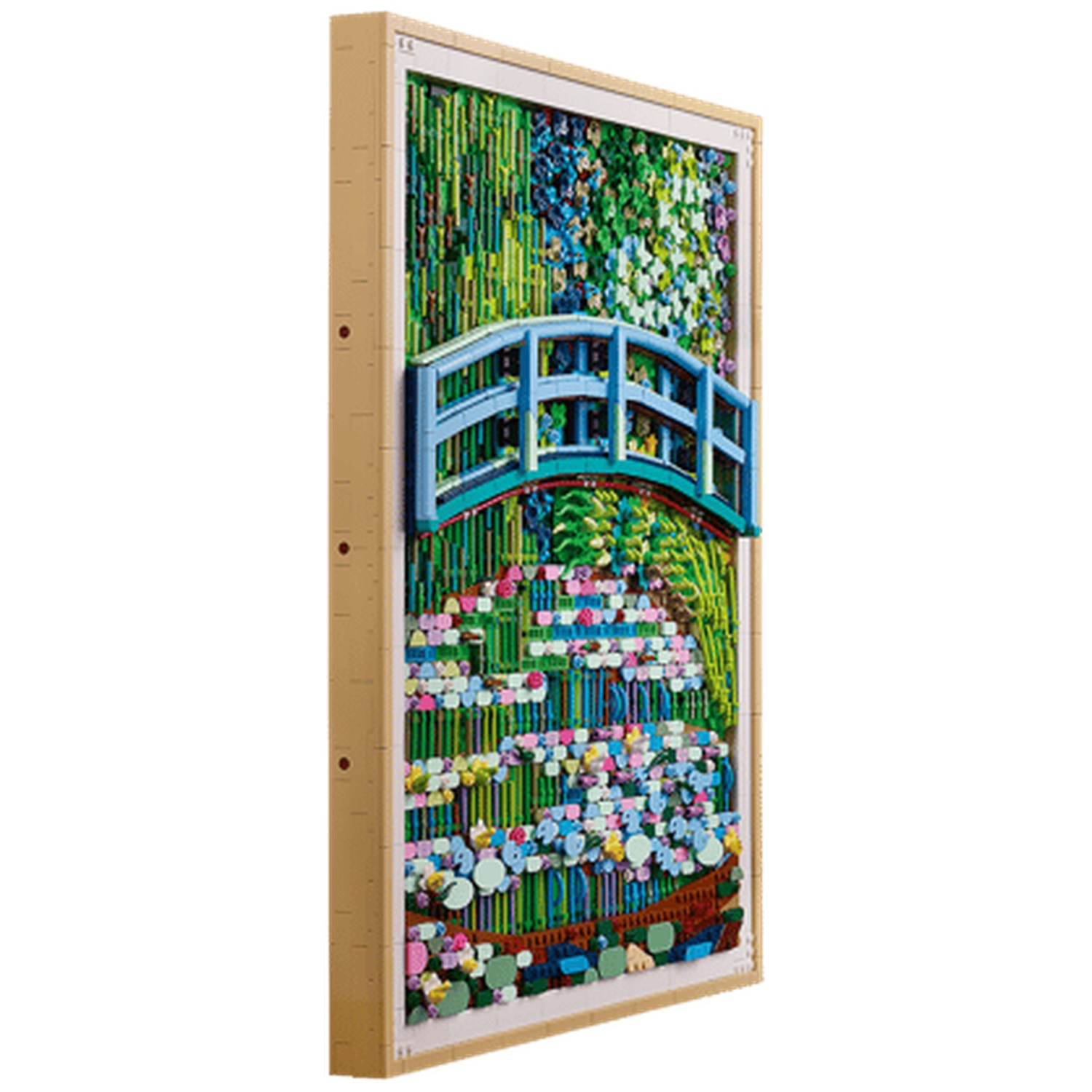 A Lego mosaic depicting a Japanese garden with a blue bridge over water.