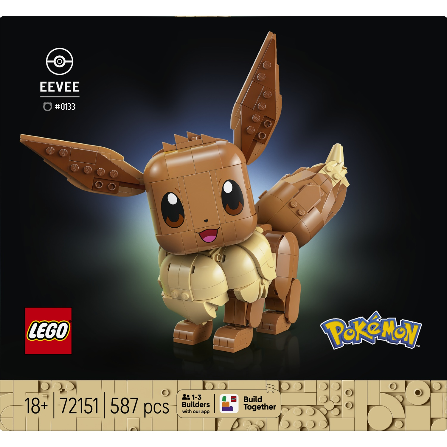 Een Lego-model van Eevee in bruine en beige Lego-stenen. Pokemon-logo.