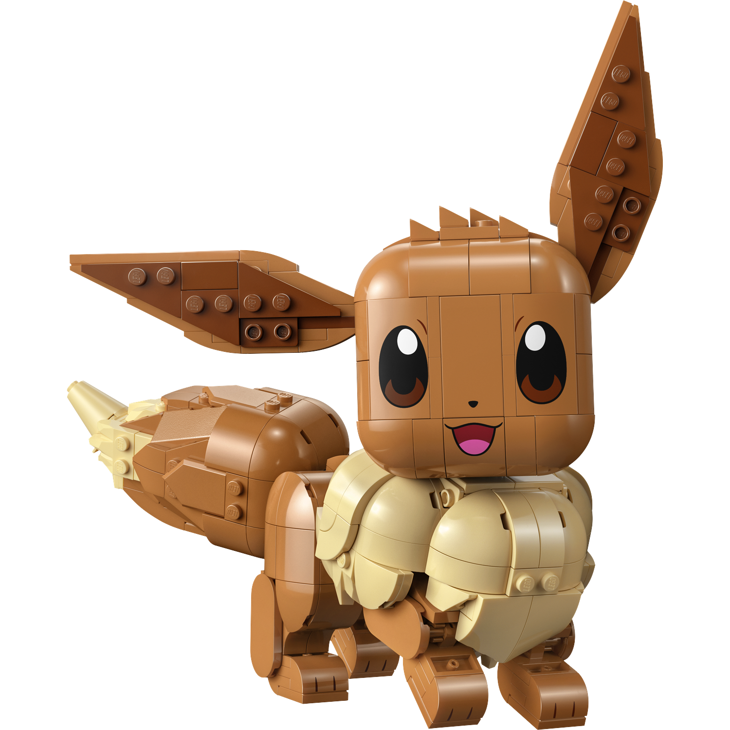 Een bruine Lego Eevee met beige accenten tegen een zwarte achtergrond.