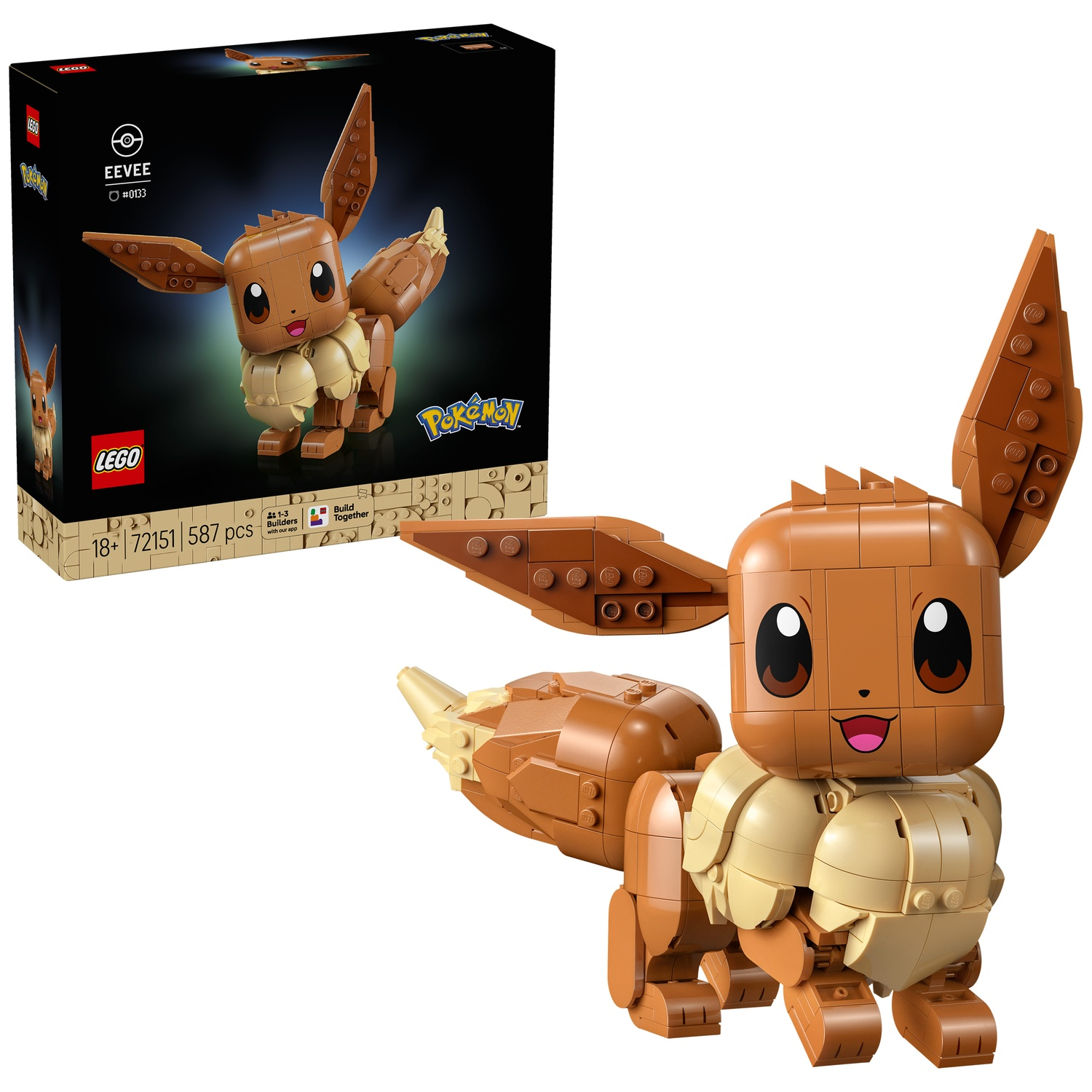 Een bruine Lego Eevee met grote ogen en een brede glimlach.