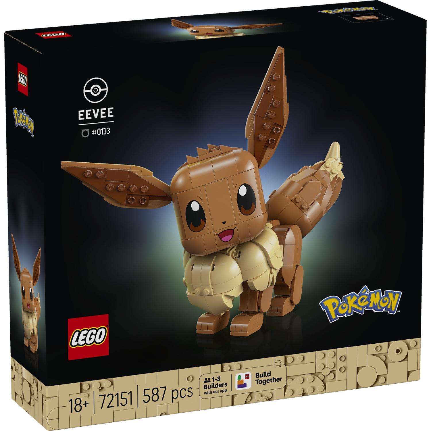 LEGO Eevee Pokemon set doos. Bevat Eevee model, Lego logo, Pokemon logo.