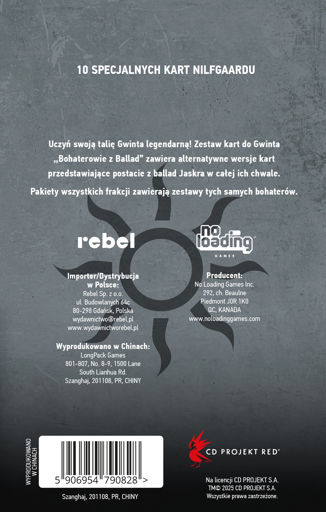 Tył karty do gry z tekstem i logotypami Rebel, No Loading Games oraz CD Projekt Red.