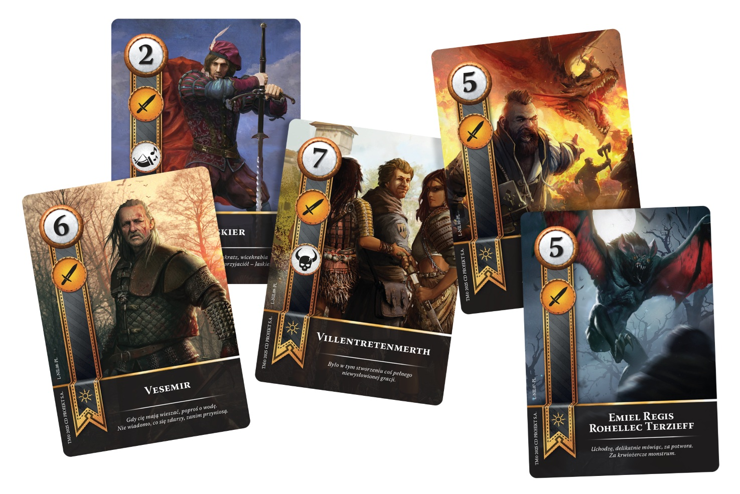Różne karty do gry Wiedźmin z postaciami takimi jak Vesemir, Emiel Regis i wojownik smoka.