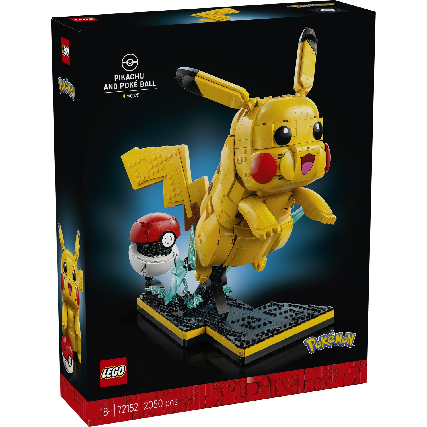 LEGO Pikachu en Pokeball set op zwarte doos met Pokémon logo.