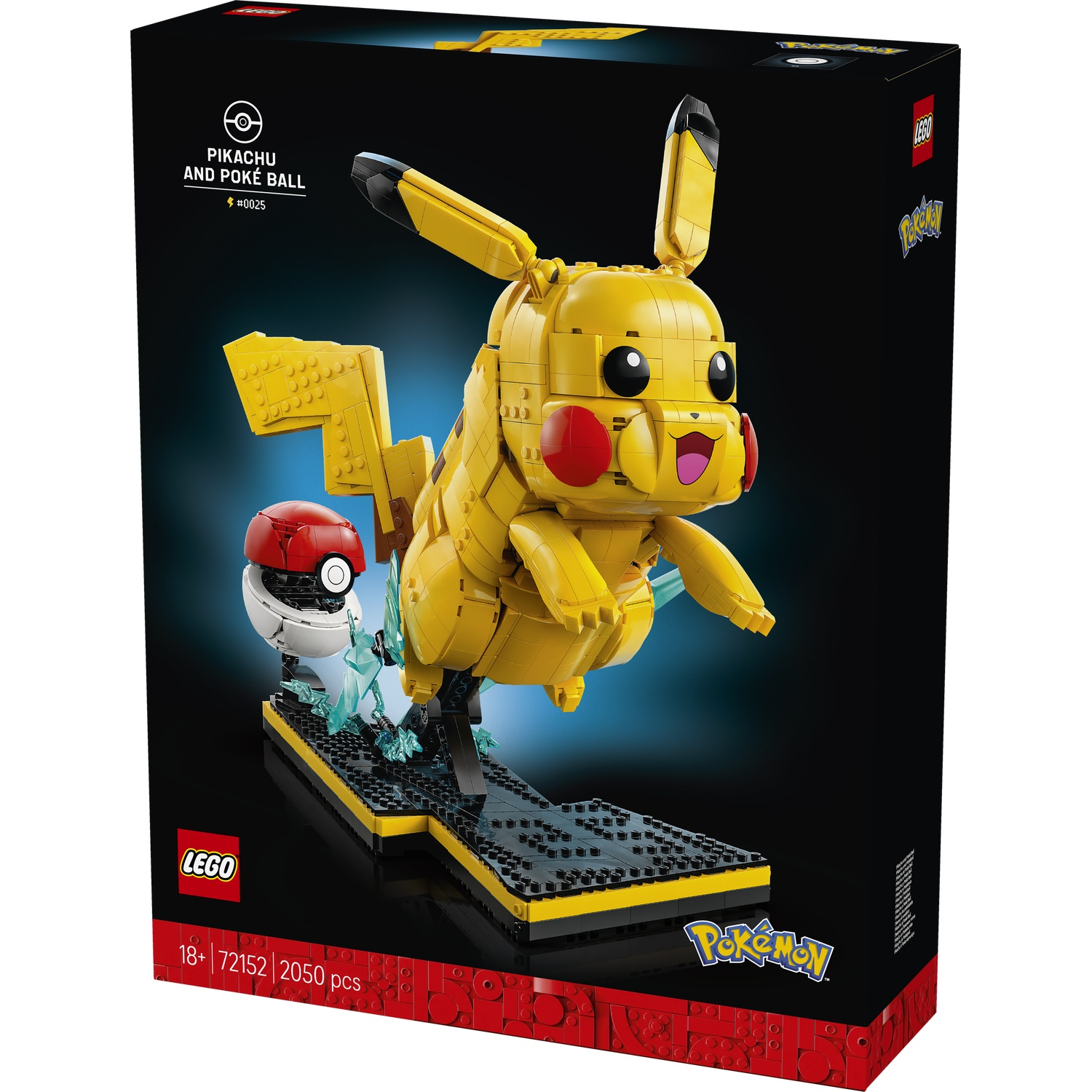 Een gele Lego Pikachu met Pokeball op een zwarte basis met blauwe energie-effecten.