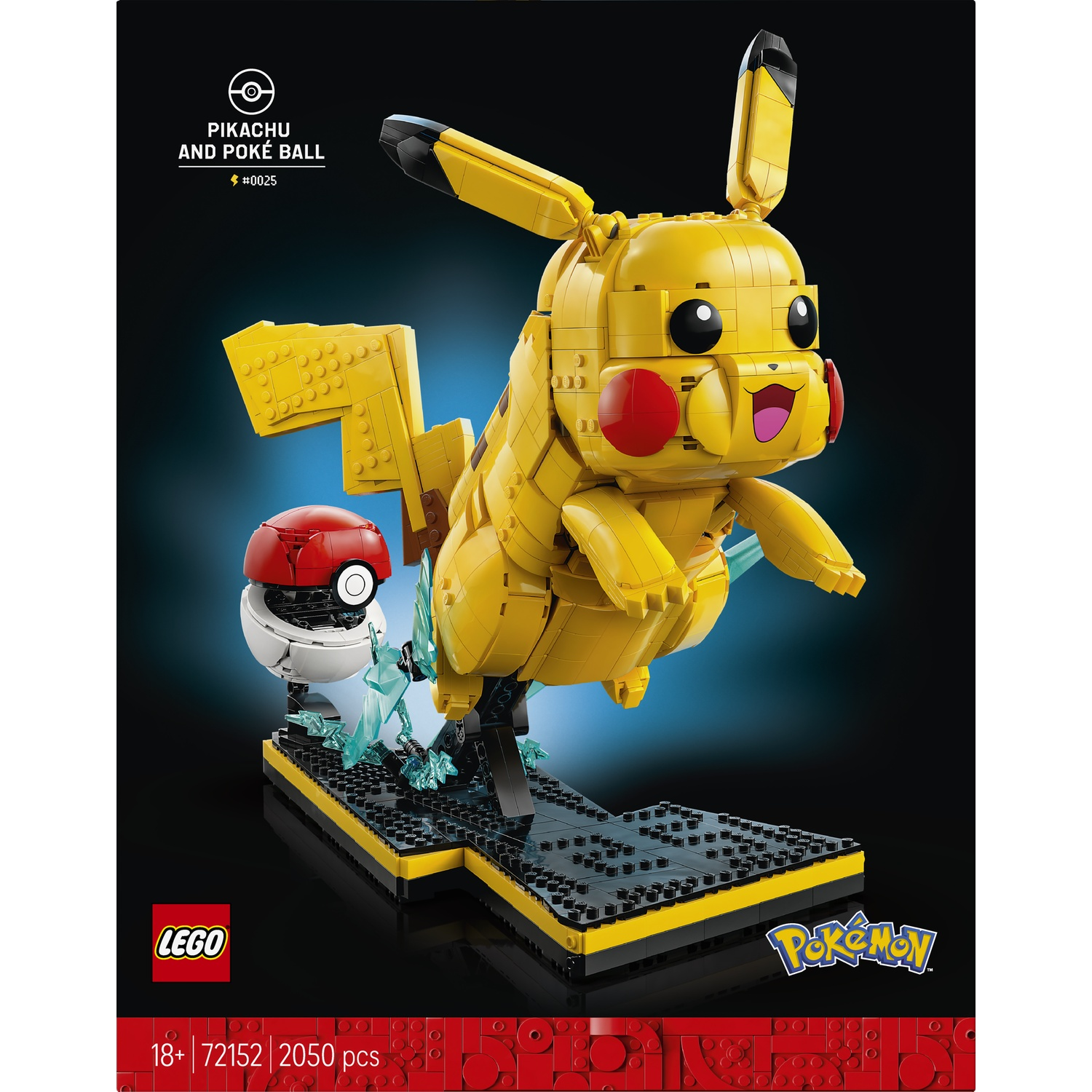 LEGO Pikachu en Poké Bal set op zwarte achtergrond.