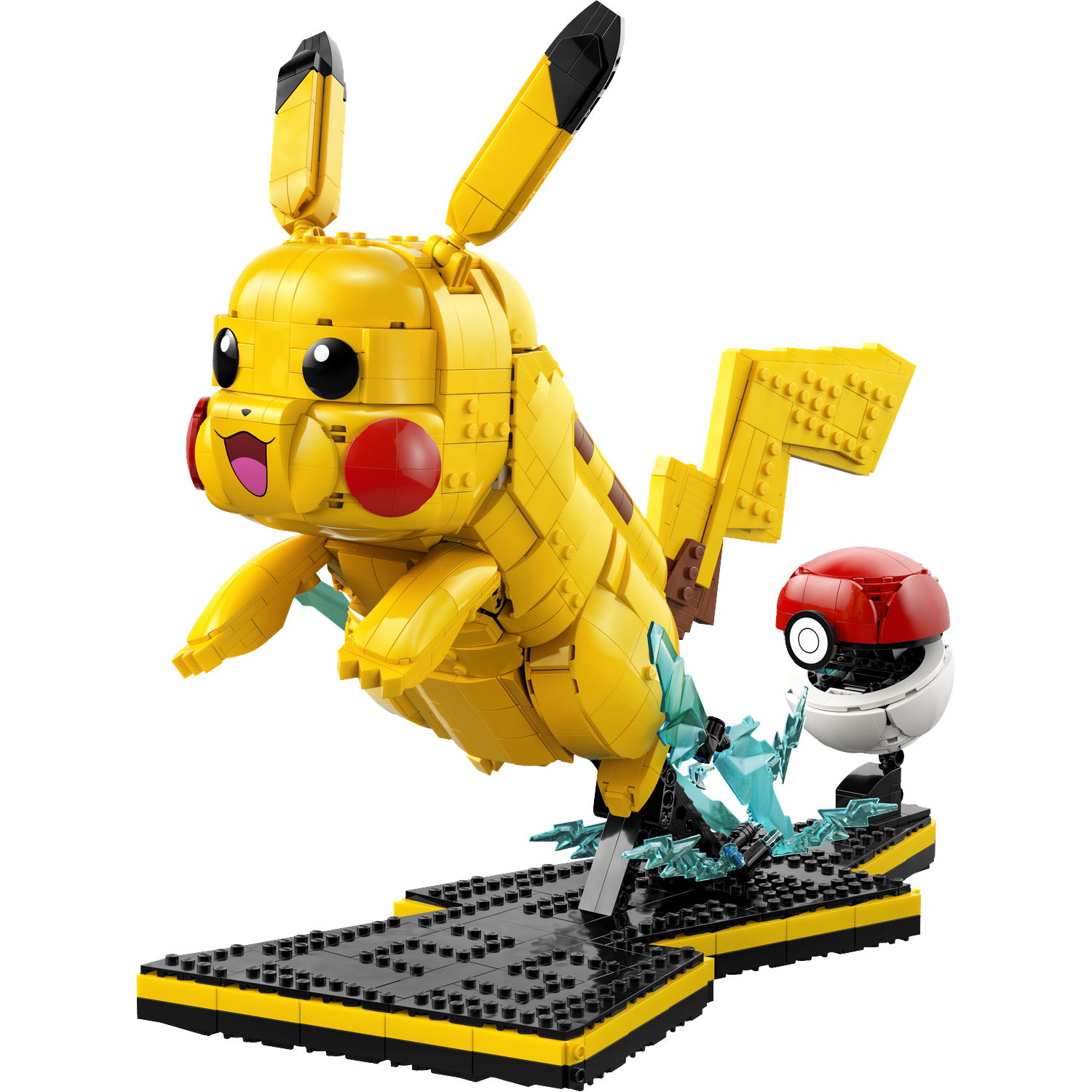 Een gele Lego Pikachu springt met blauwe energie-effecten naast een Pokeball.