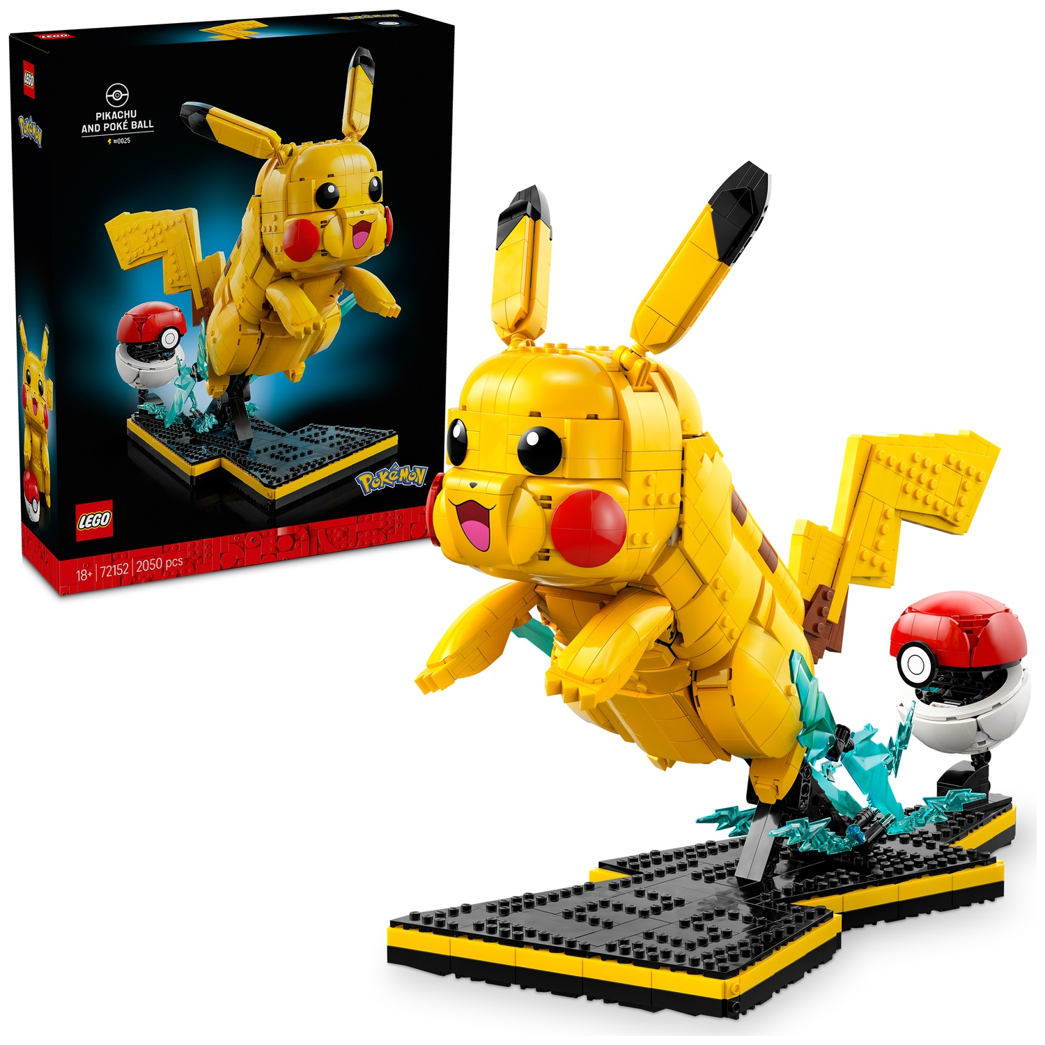 Een gele Lego Pikachu met Pokébal op een zwarte basis met blauwe energie-effecten.