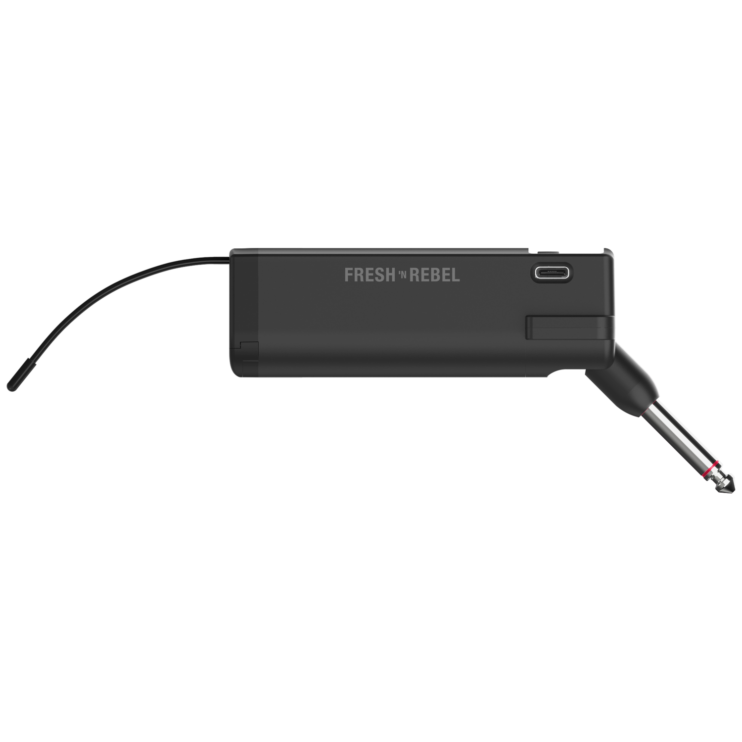 Ein schwarzer Fresh 'n Rebel Funk-Audio-Sender mit Gitarrenstecker und USB-C-Anschluss.