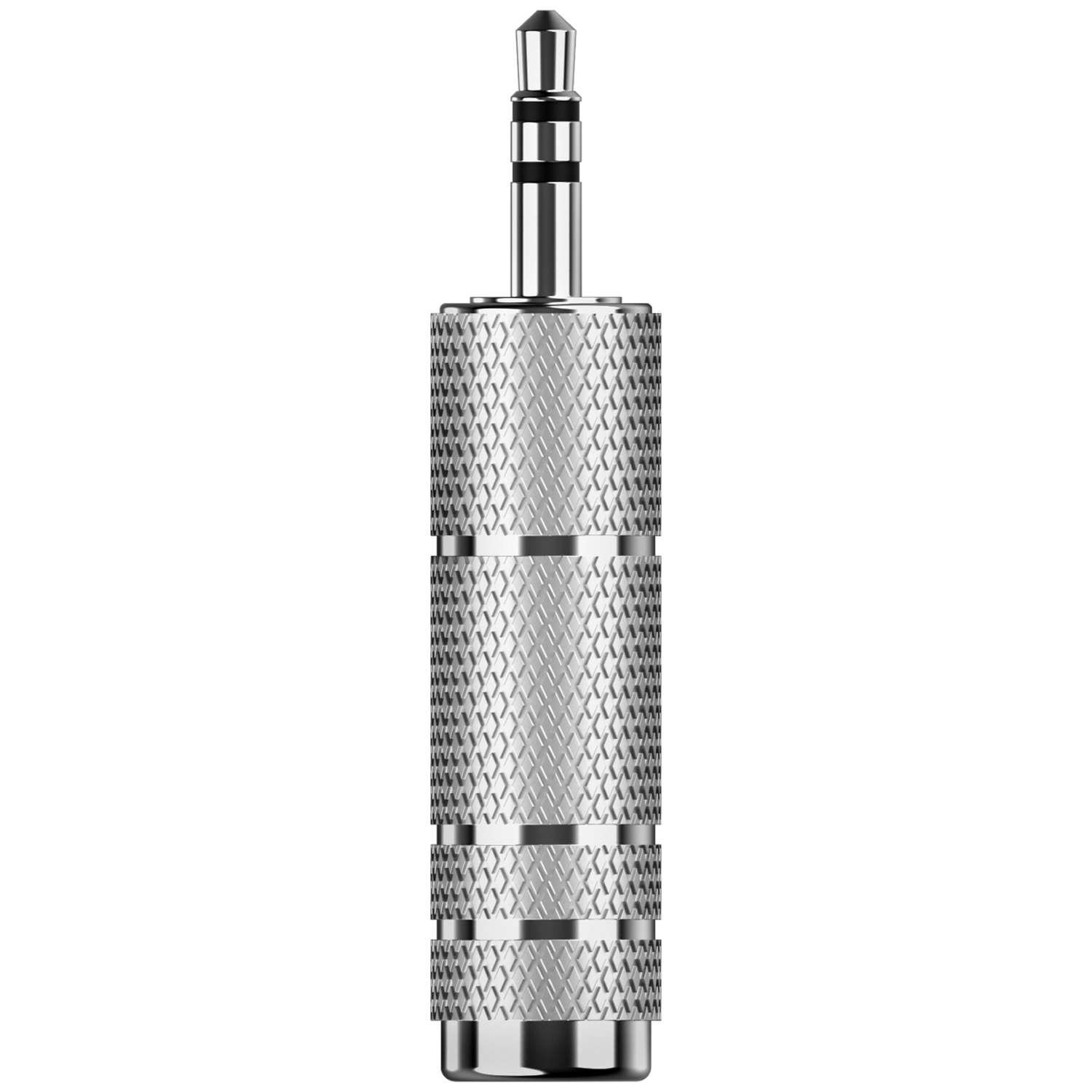 Ein silberner 6,35-mm-Klinkenstecker mit gerändeltem Griff und schwarzen Ringen.