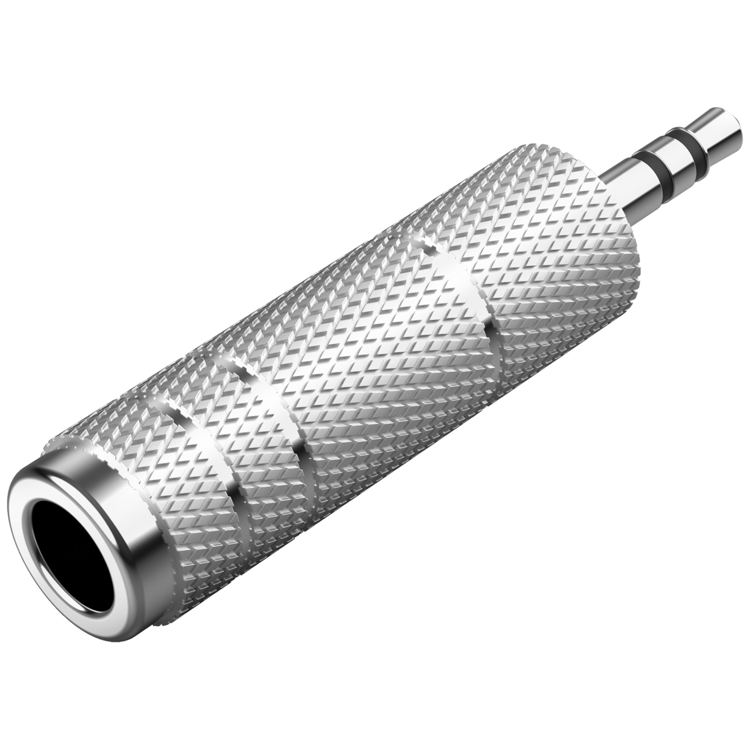 Silberner 6,35-mm-Adapter mit gerändeltem Griff und 3,5-mm-Stecker.
