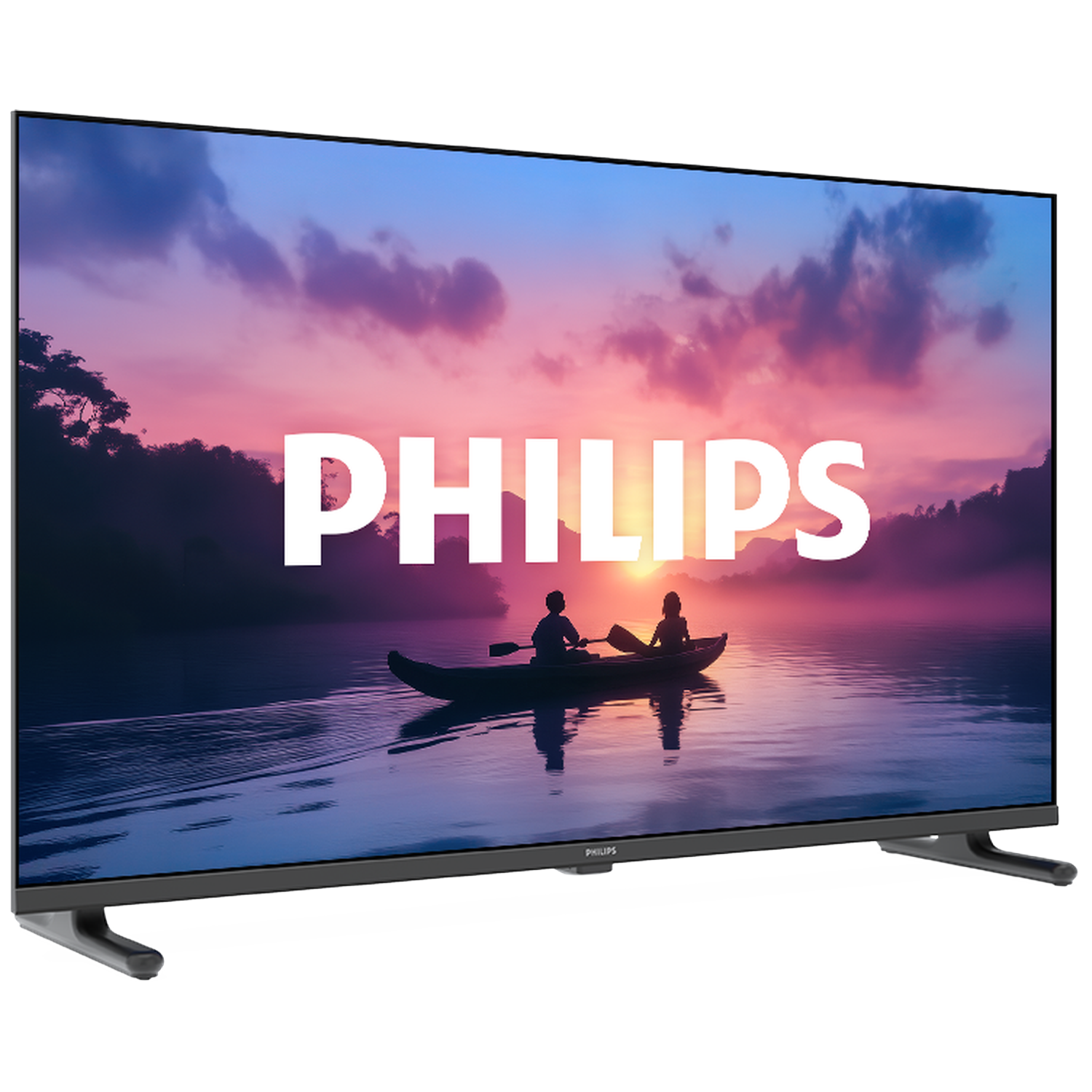 A TV displays a scene of two people in a boat at sunset with clouds.
