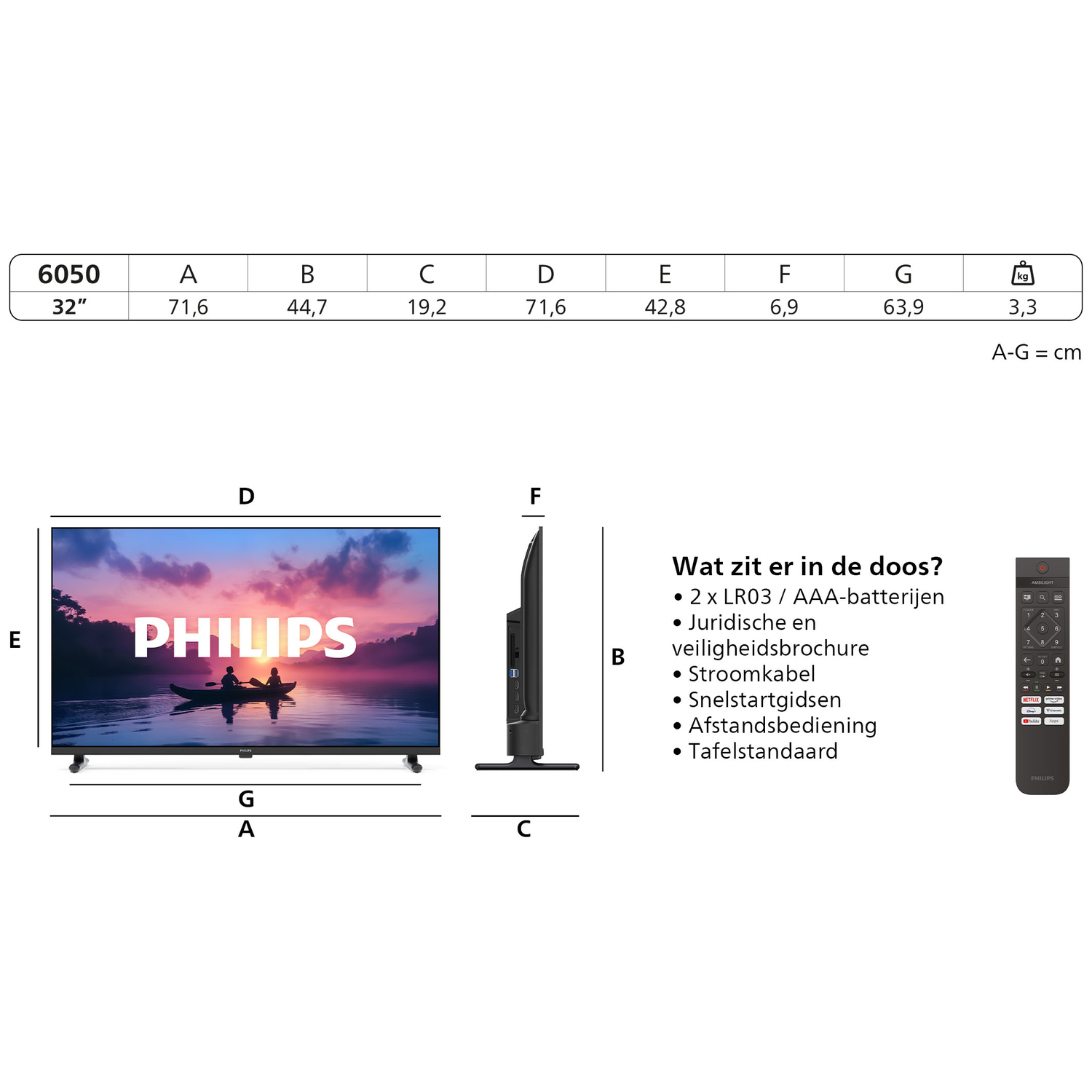 Philips 32-inch TV with dimensions and accessories, including remote control.