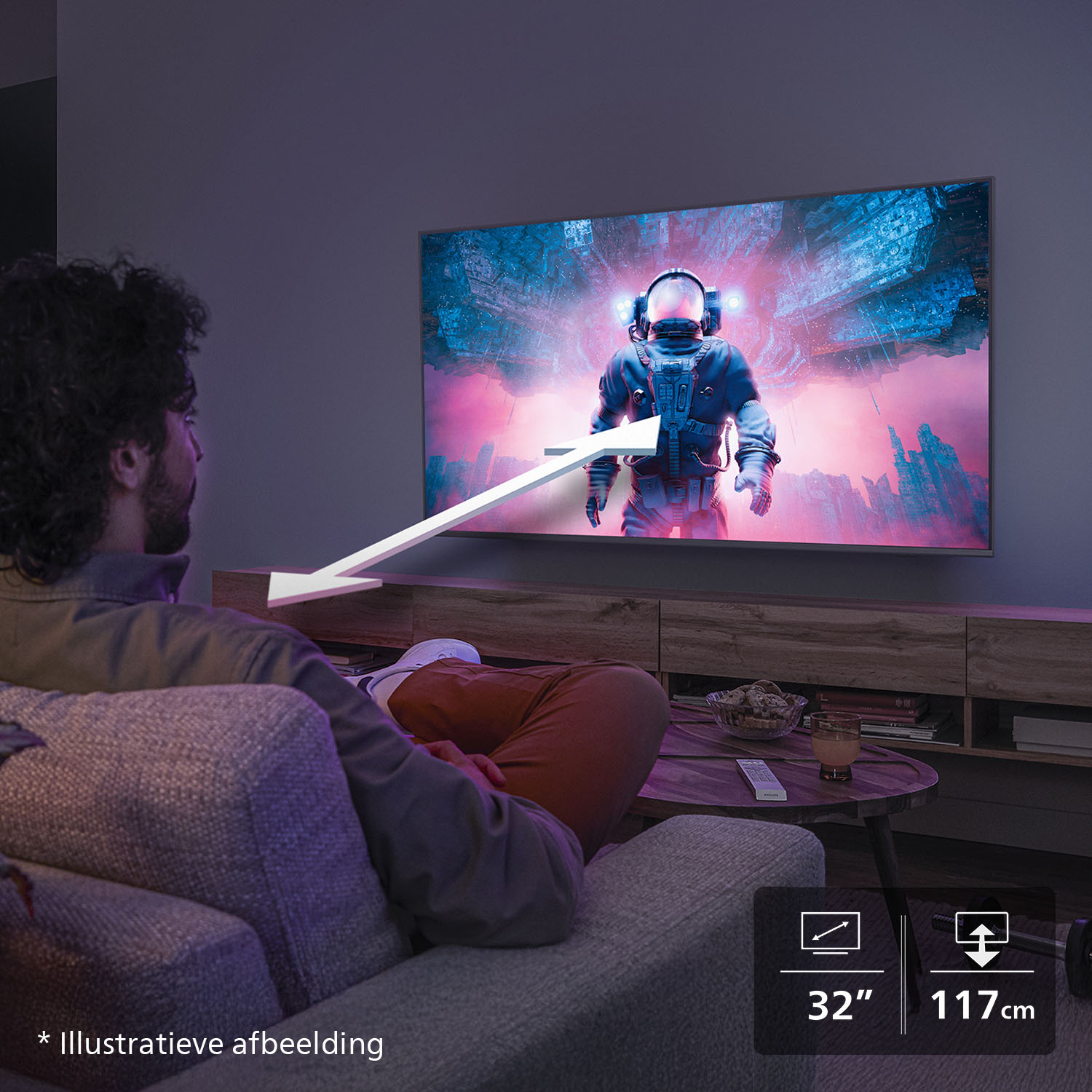 Man sits on sofa, watching 32-inch TV displaying astronaut scene.