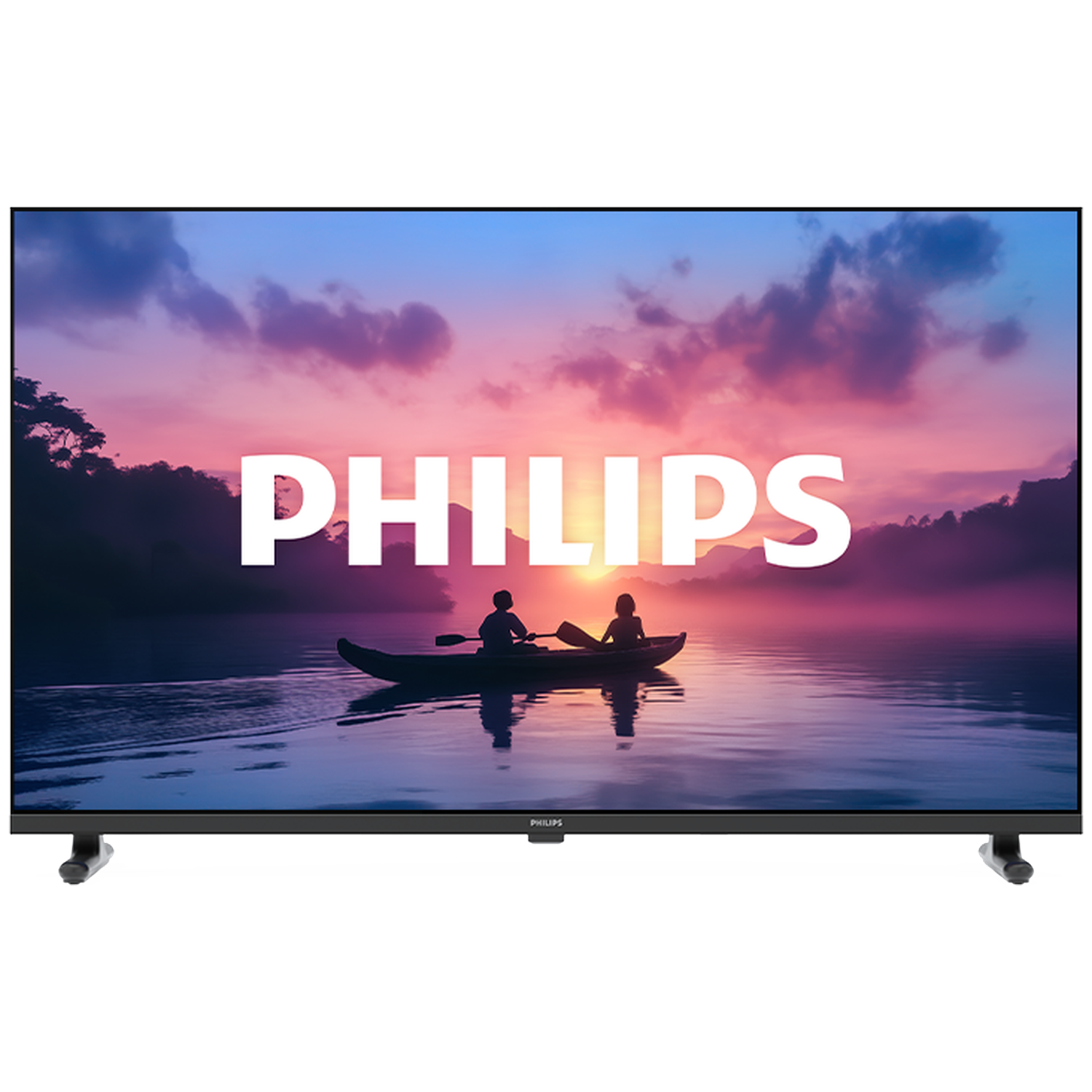 A TV displays a sunset scene with two people in a boat on water.