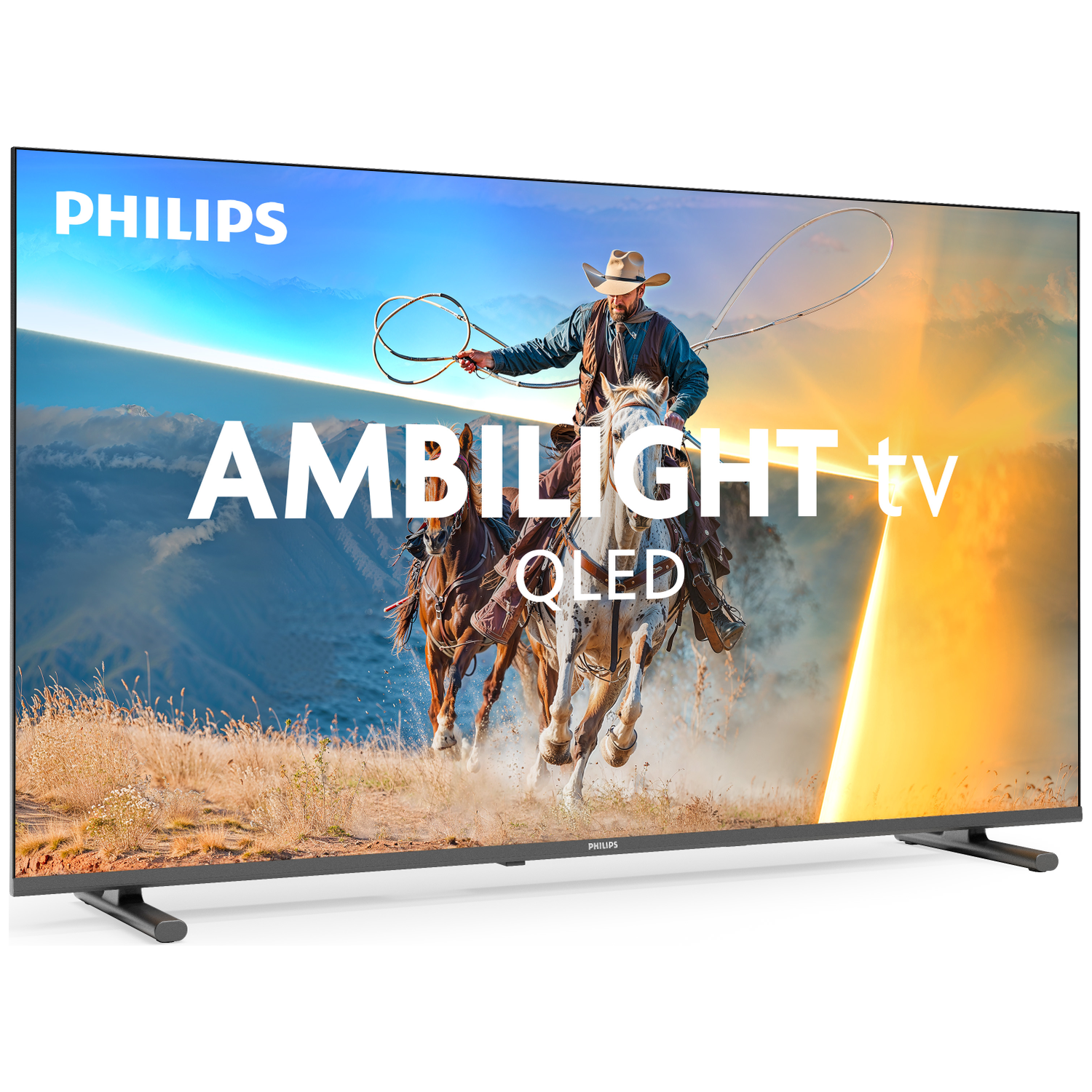 A cowboy on a horse with a lasso on a Philips Ambilight TV screen.