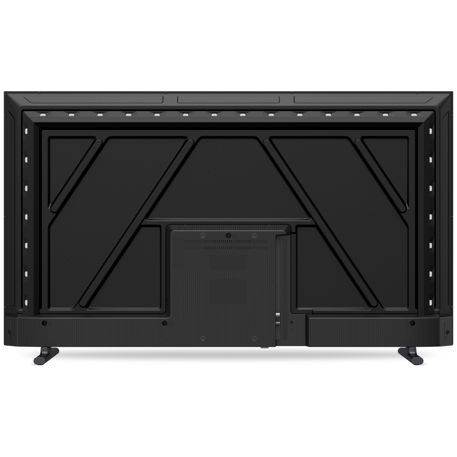 Back view of a black television with stand feet.