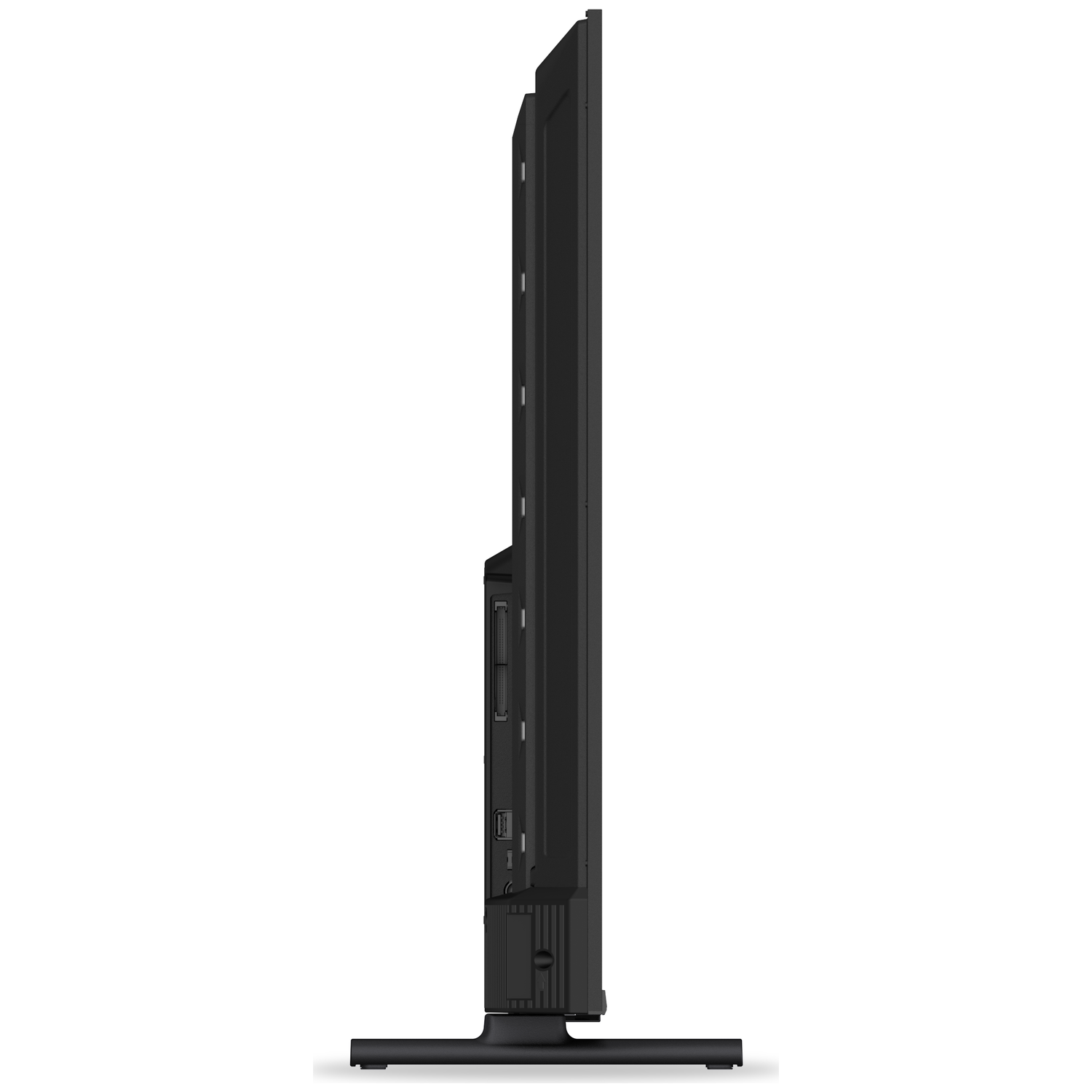 Black television on a stand, viewed from the side.