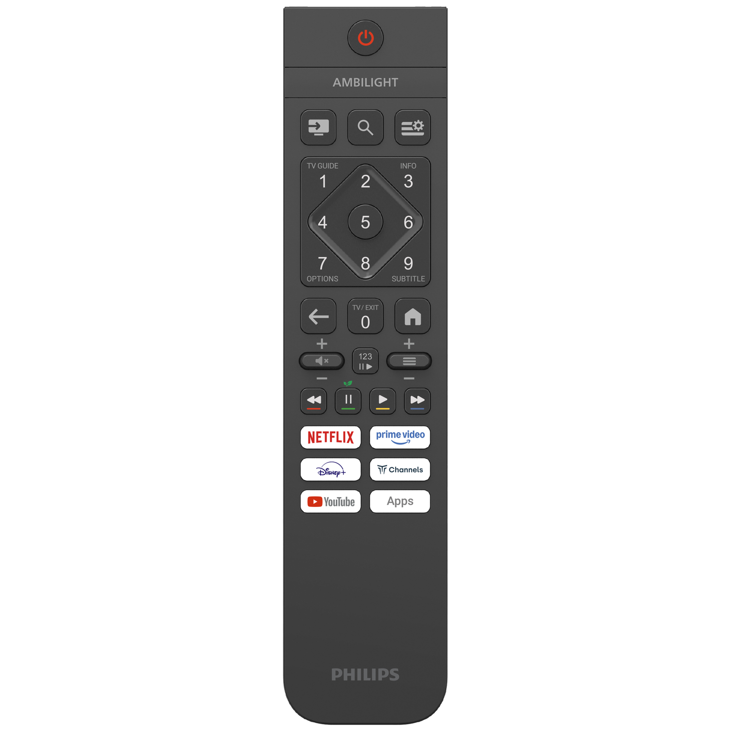 A dark Philips remote control with buttons for Ambilight, navigation, and apps.