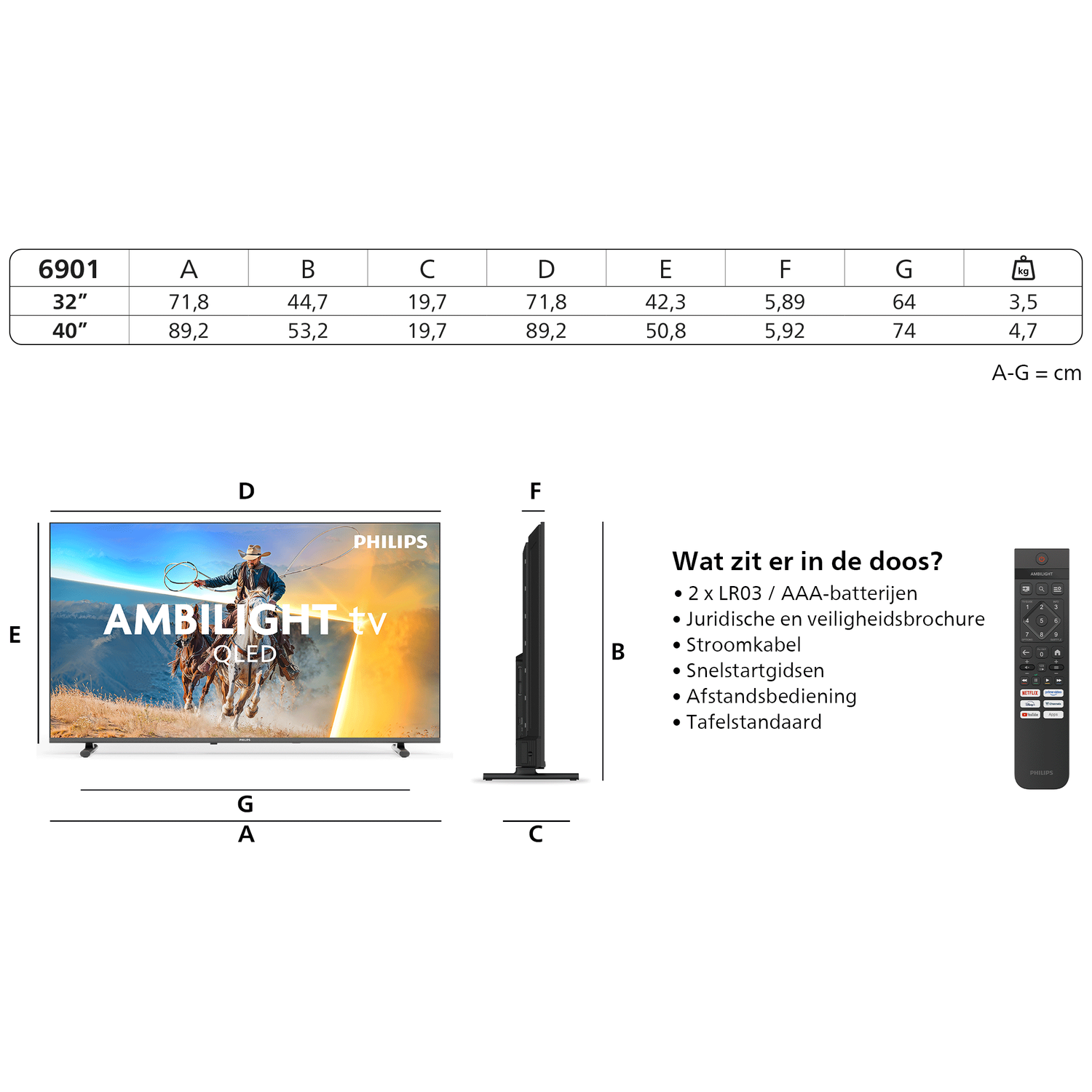 Table with TV dimensions and images of a TV, remote, and box contents.