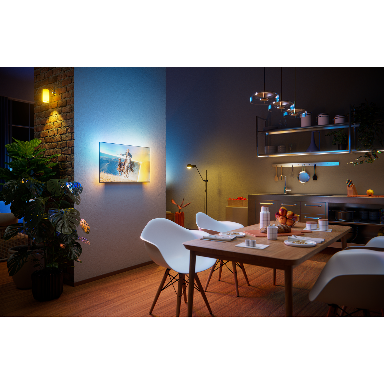 A modern dining area with a table set for dinner and a large plant.