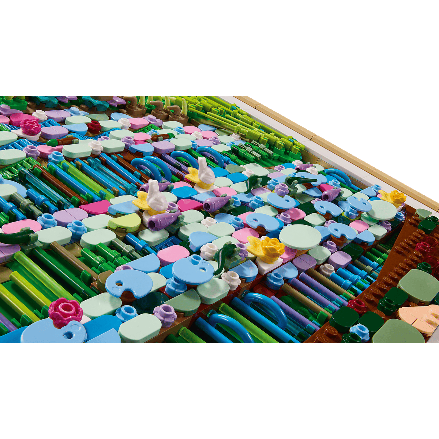 A detailed Lego model of a colorful garden with flowers and plants.