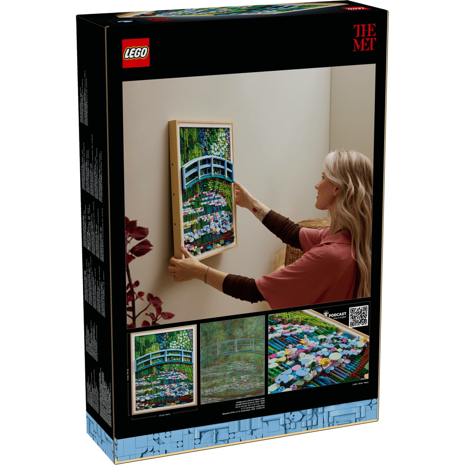 A woman hangs a LEGO artwork of Monet's Japanese bridge. Close-ups show the finished model.