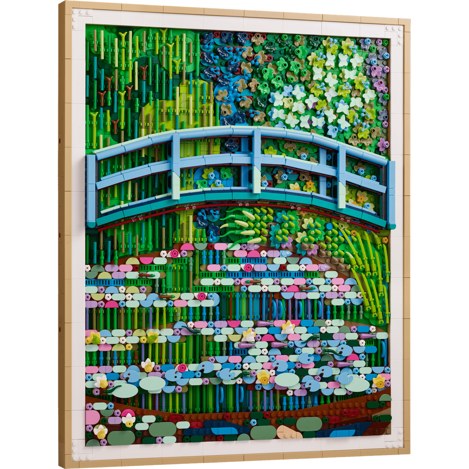 A Lego mosaic depicting a blue bridge over a pond with water lilies and bamboo.