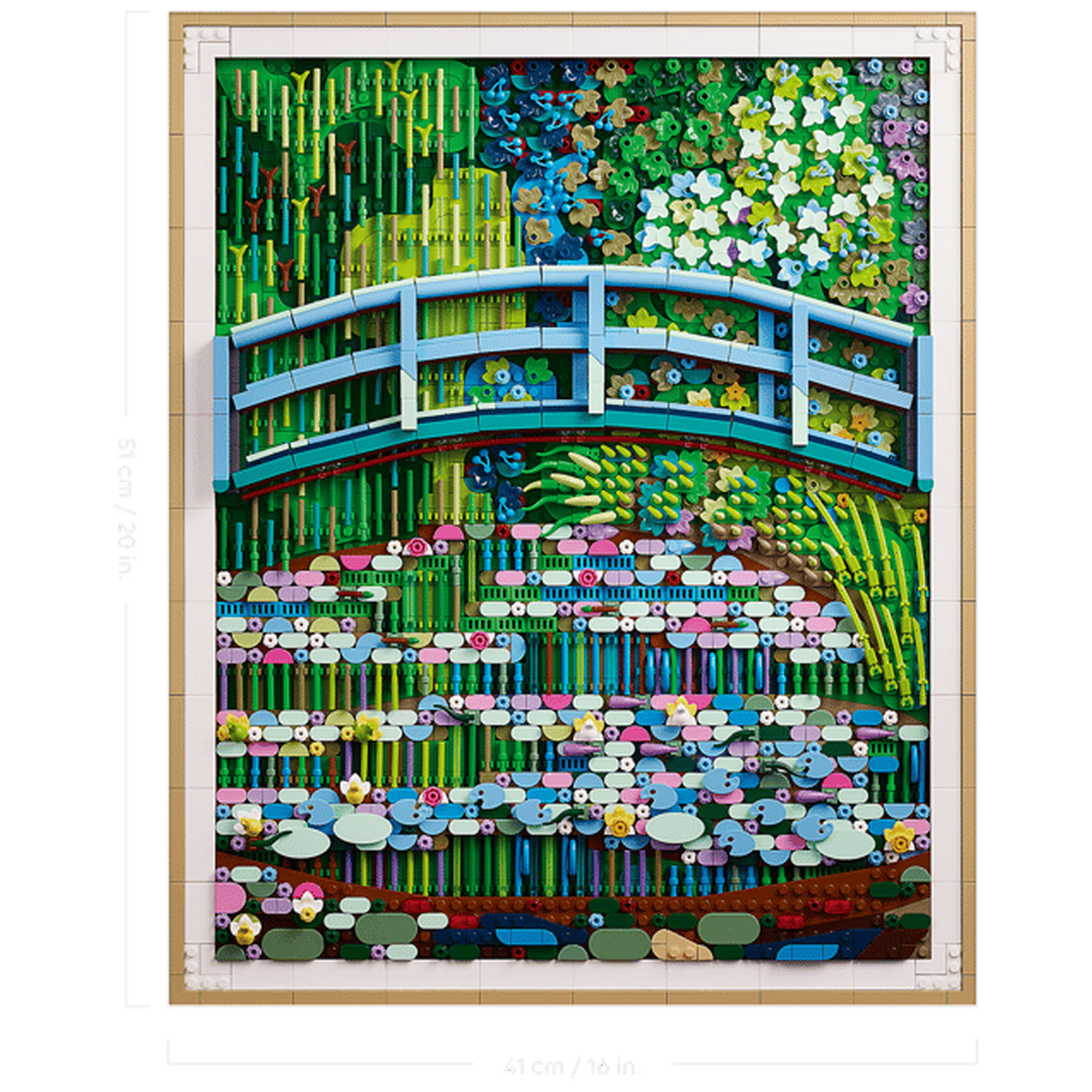 A LEGO rendition of Monet's water lily pond, featuring a bridge and colorful flowers.