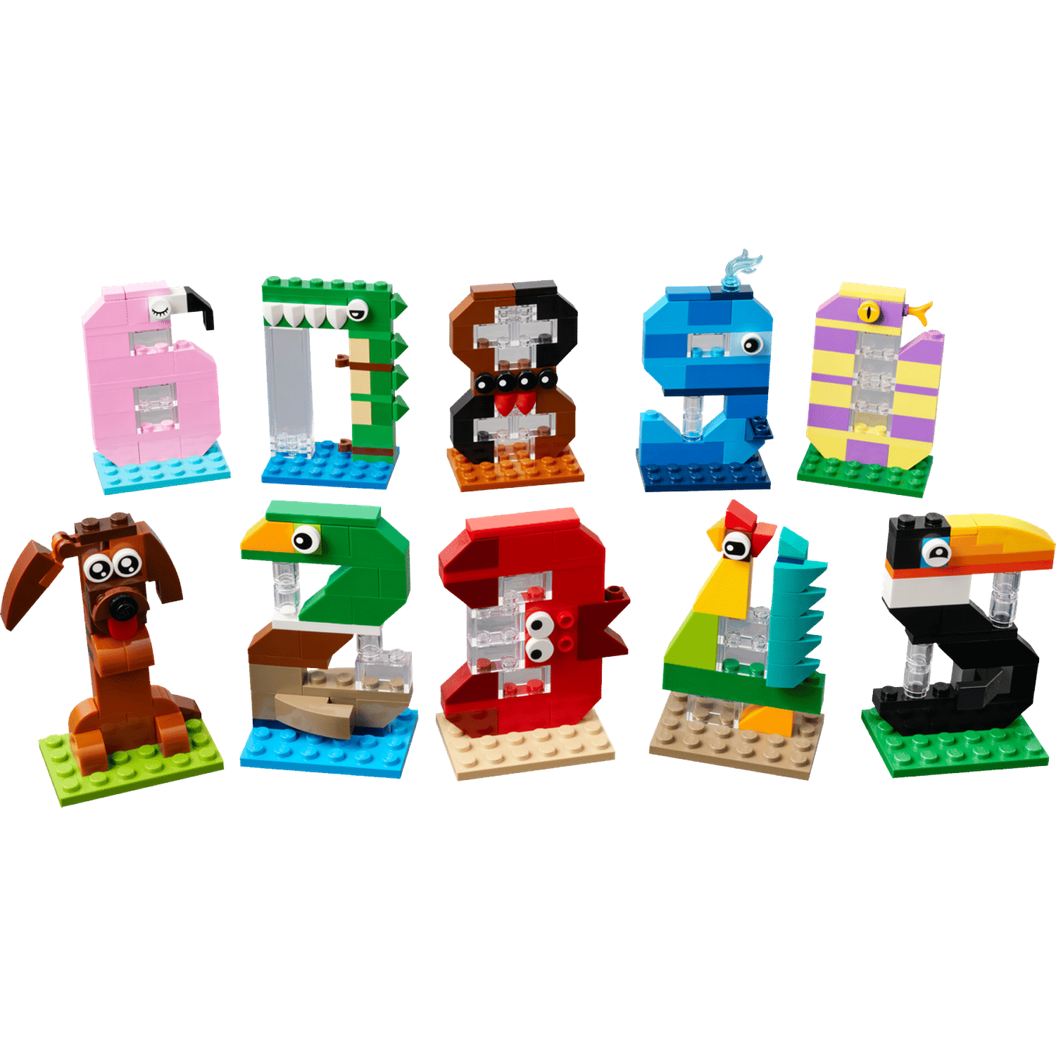 Tien Lego-cijfers als dieren: flamingo, krokodil, aap, walvis, slang, hond, eend, dino, vogel, toekan.