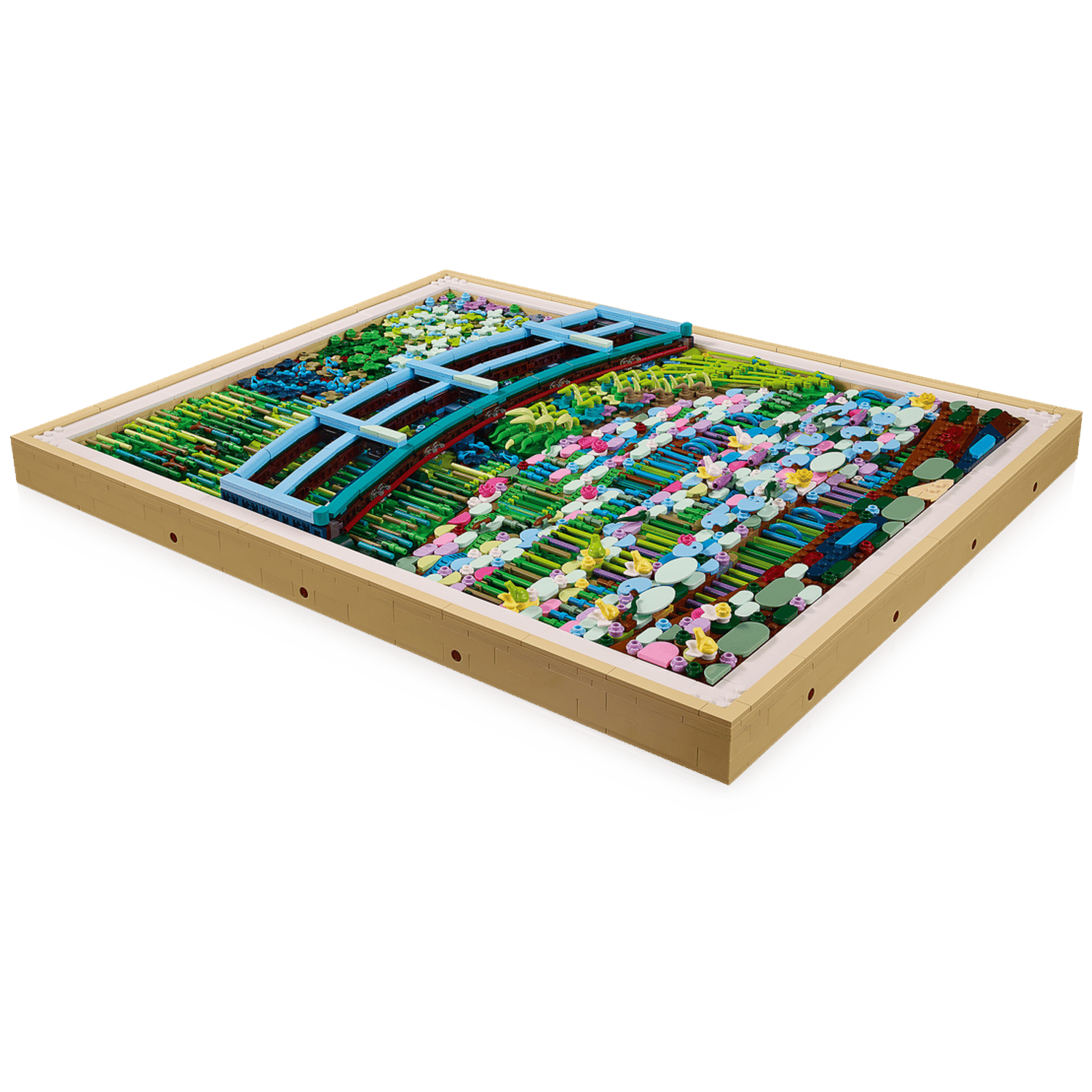 Colorful Lego landscape with a bridge, green fields, and many small flowers.