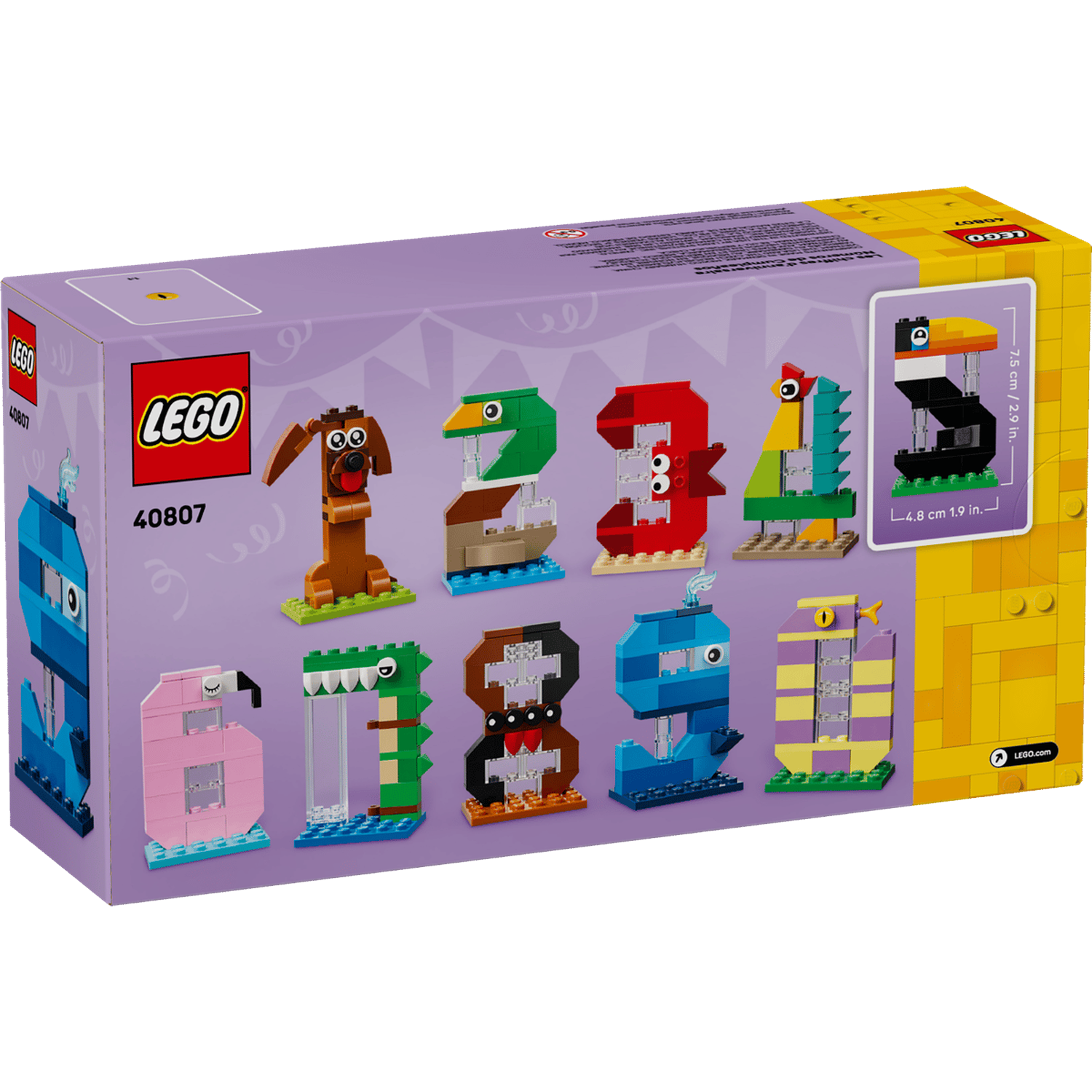 LEGO set: Cijfers als dieren. Bevat hond, eend, olifant, haan, krokodil, flamingo, walvis.