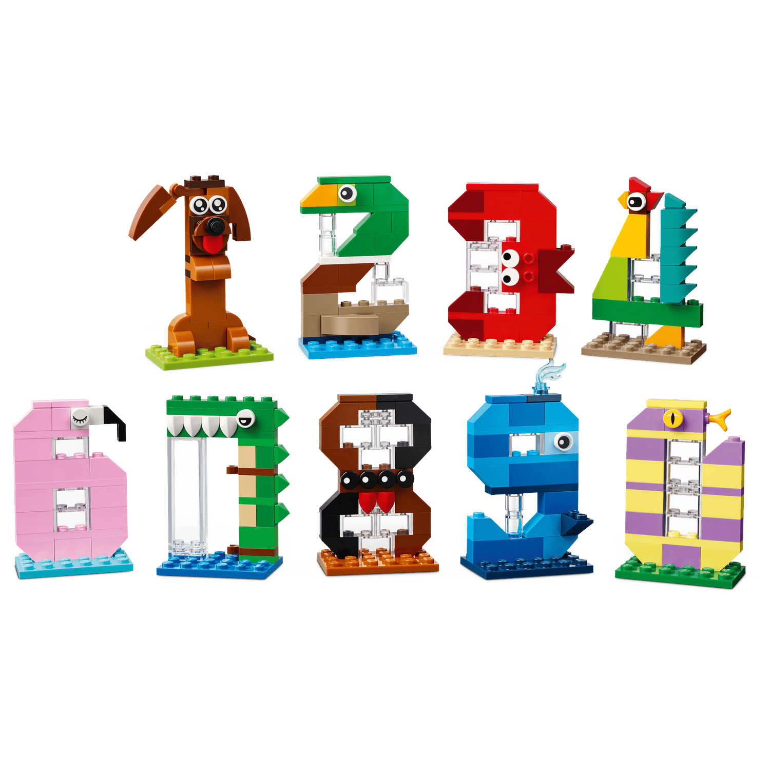 Kleurrijke Lego-cijfers als dieren: hond, eend, dino, krokodil, flamingo, walvis, slang.